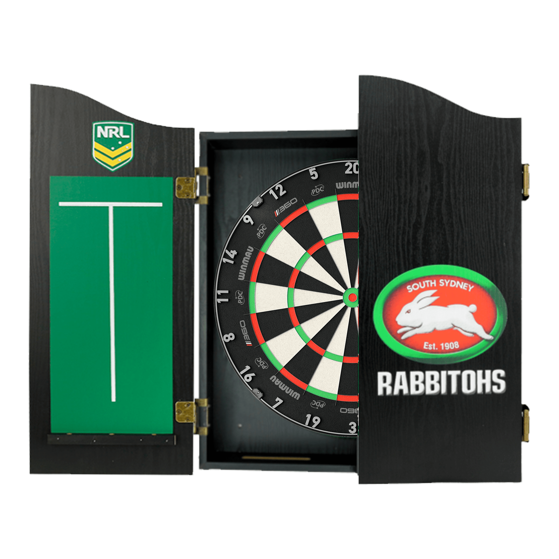 NRL Blade 360 Dartboard, Official NRL Cabinet & Darts - Complete Darts Set Blade 360 / South Sydney Rabbitohs Boards