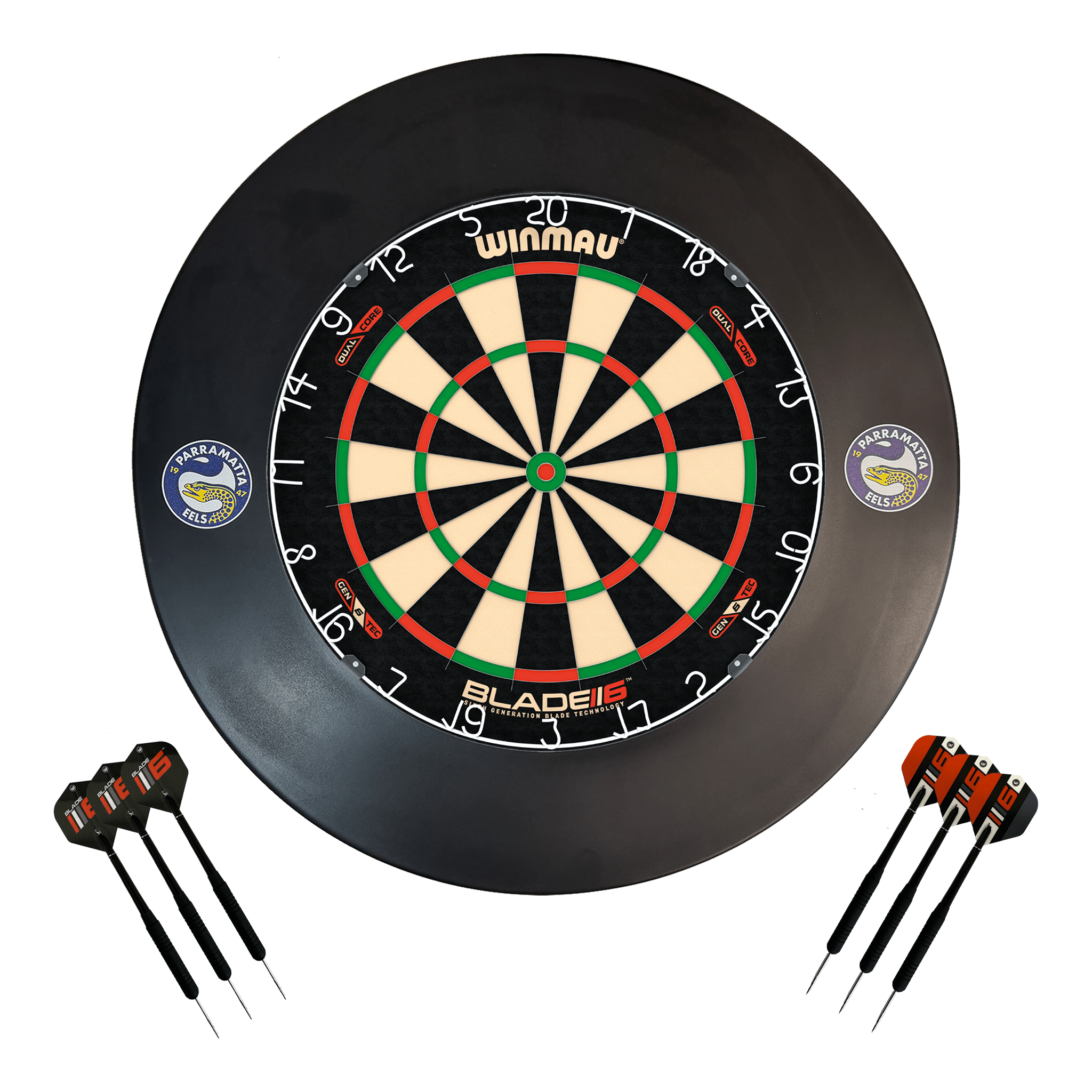 NRL Blade 6 Dartboard, Official NRL Surround & Darts - Complete Darts Set Blade 6 Dual Core / Parramatta Eels Boards