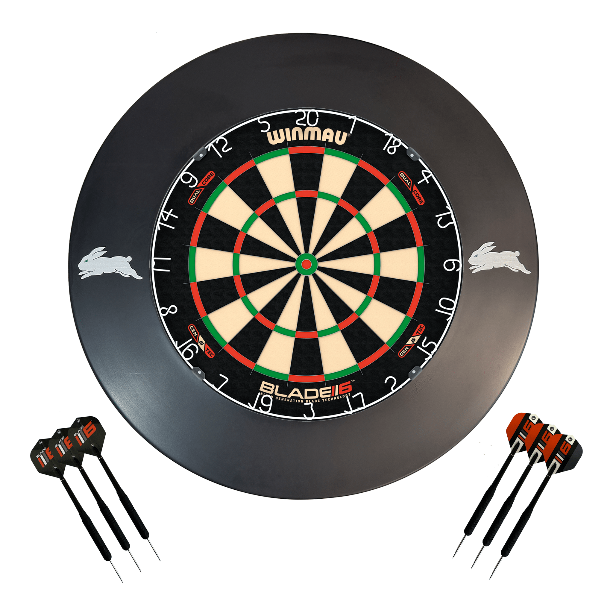 NRL Blade 6 Dartboard, Official NRL Surround & Darts - Complete Darts Set Blade 6 Dual Core / South Sydney Rabbitohs Boards