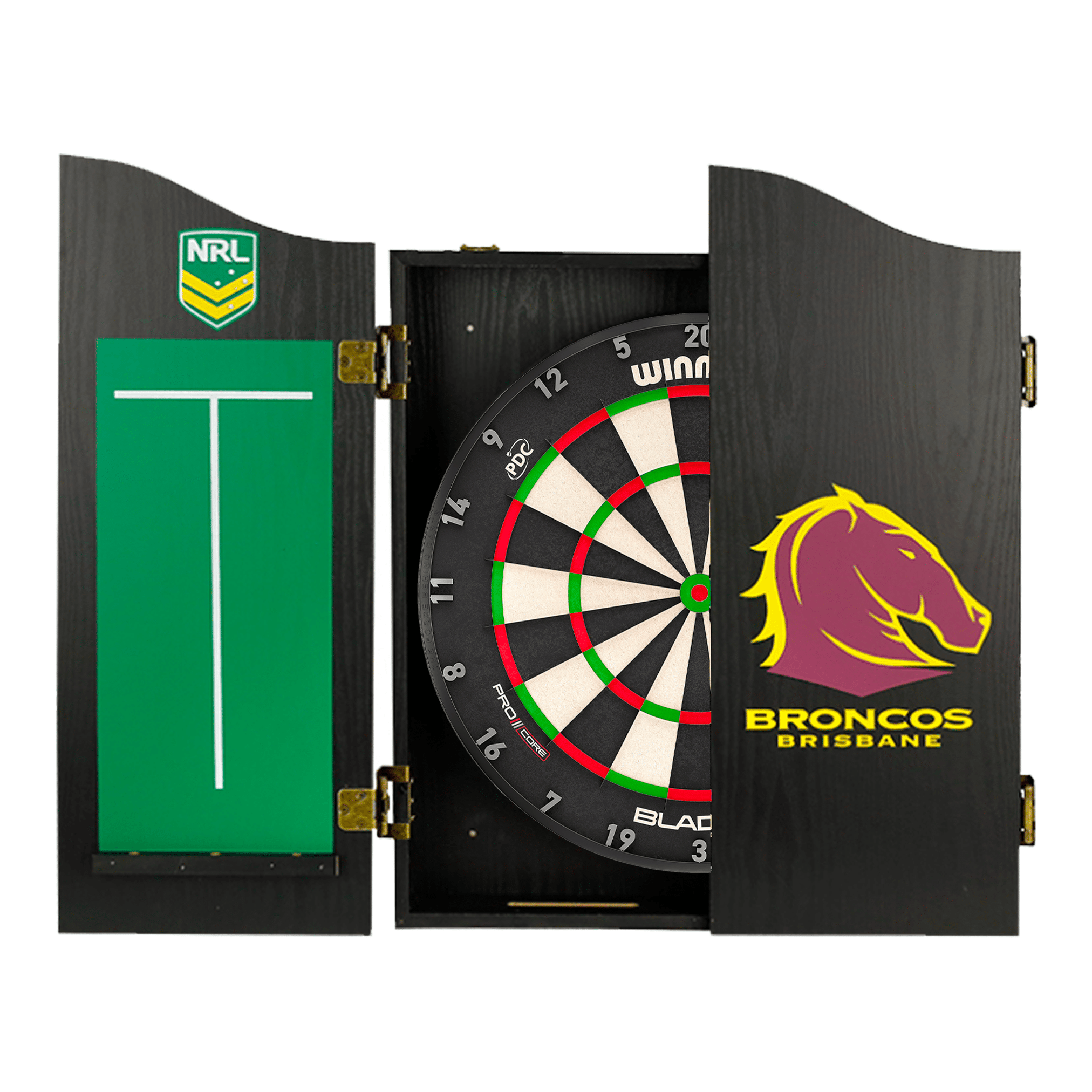 NRL Blade X Dartboard, Official NRL Cabinet & Darts - Complete Darts Set Blade X / Brisbane Broncos Boards