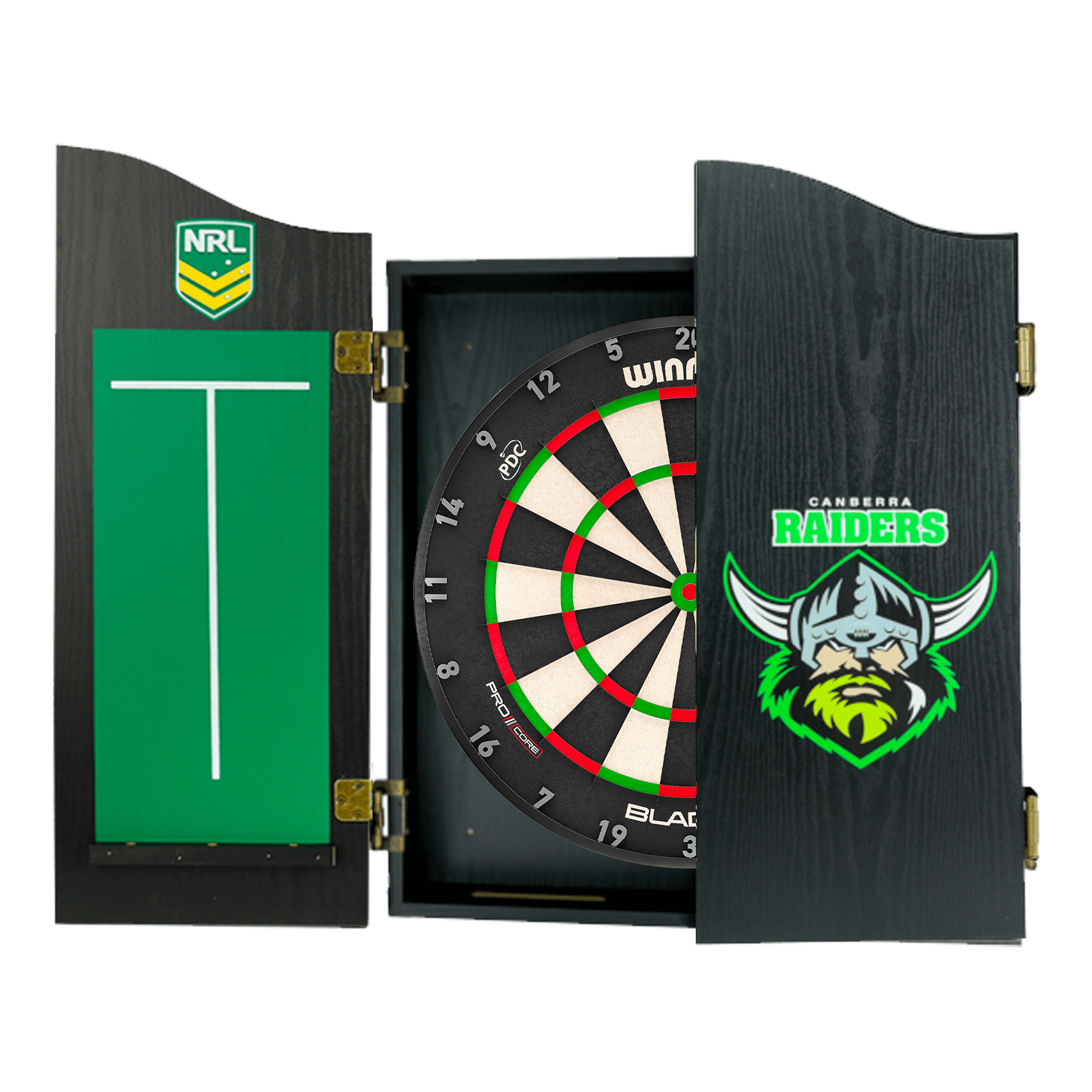NRL Blade X Dartboard, Official NRL Cabinet & Darts - Complete Darts Set Blade X / Canberra Raiders Boards