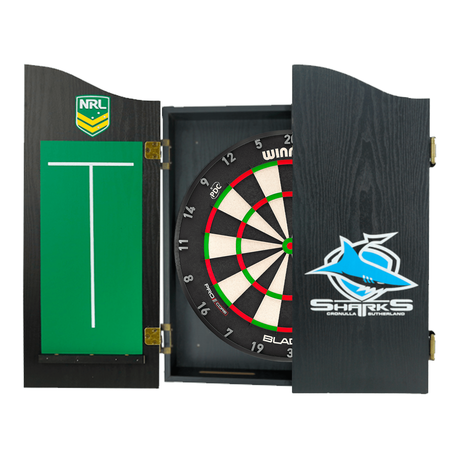 NRL Blade X Dartboard, Official NRL Cabinet & Darts - Complete Darts Set Blade X / Cronulla Sharks Boards