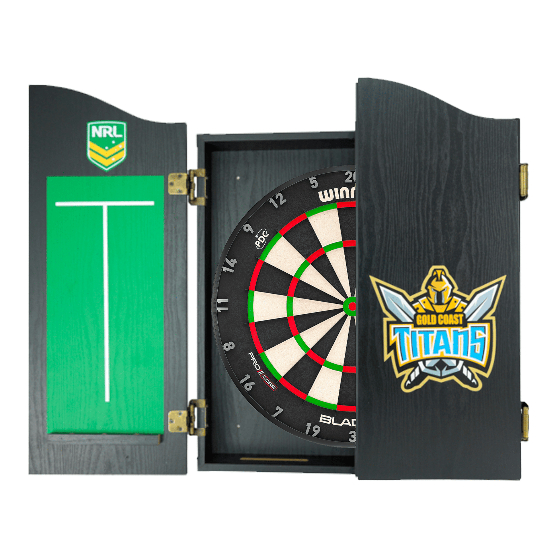NRL Blade X Dartboard, Official NRL Cabinet & Darts - Complete Darts Set Blade X / Gold Coast Titans Boards