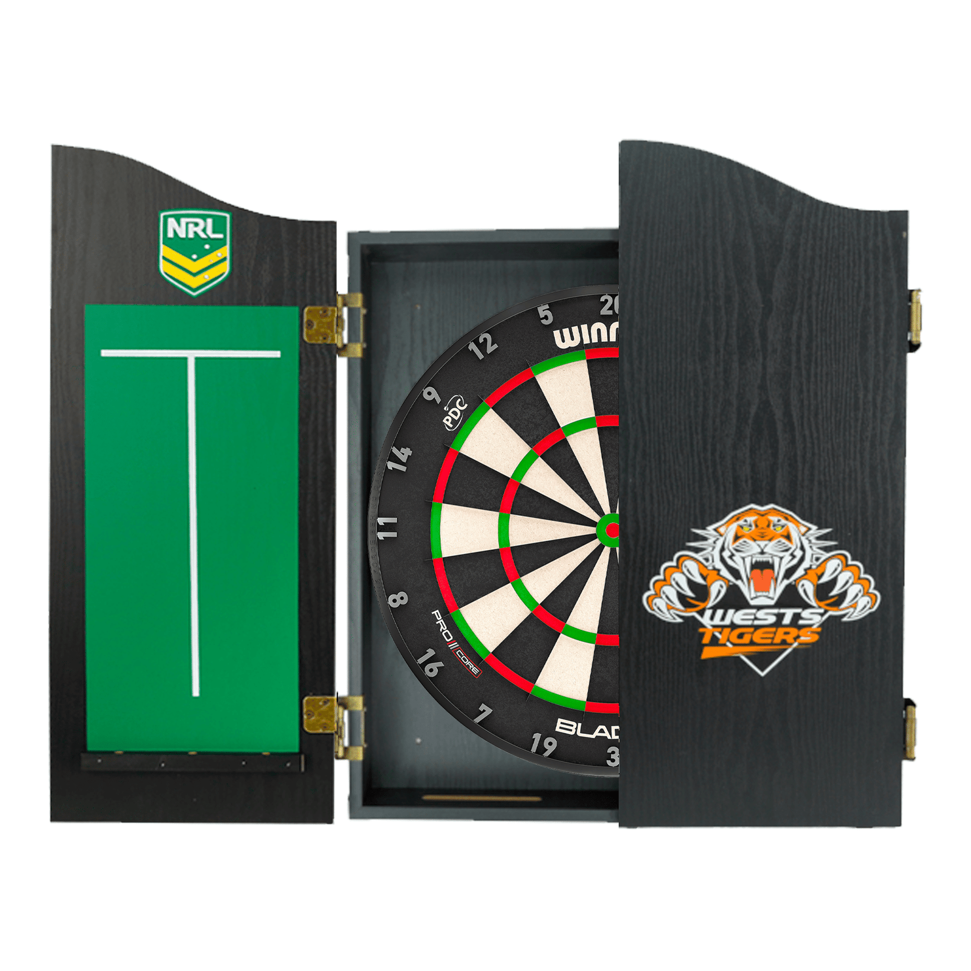 NRL Blade X Dartboard, Official NRL Cabinet & Darts - Complete Darts Set Blade X / West Sydney Tigers Boards
