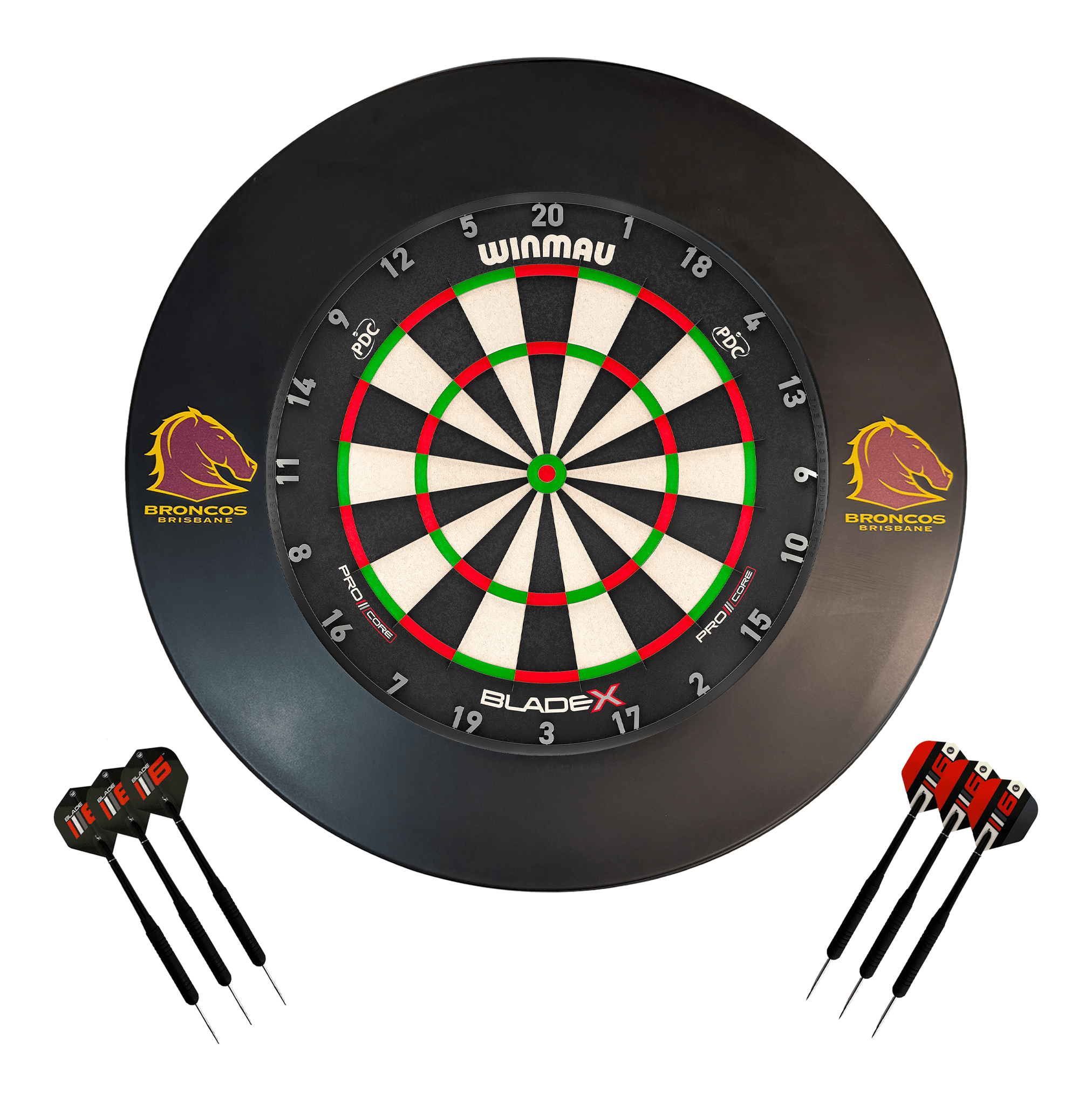 NRL Blade X Dartboard, Official NRL Surround & Darts - Complete Darts Set Blade X / Brisbane Broncos Boards