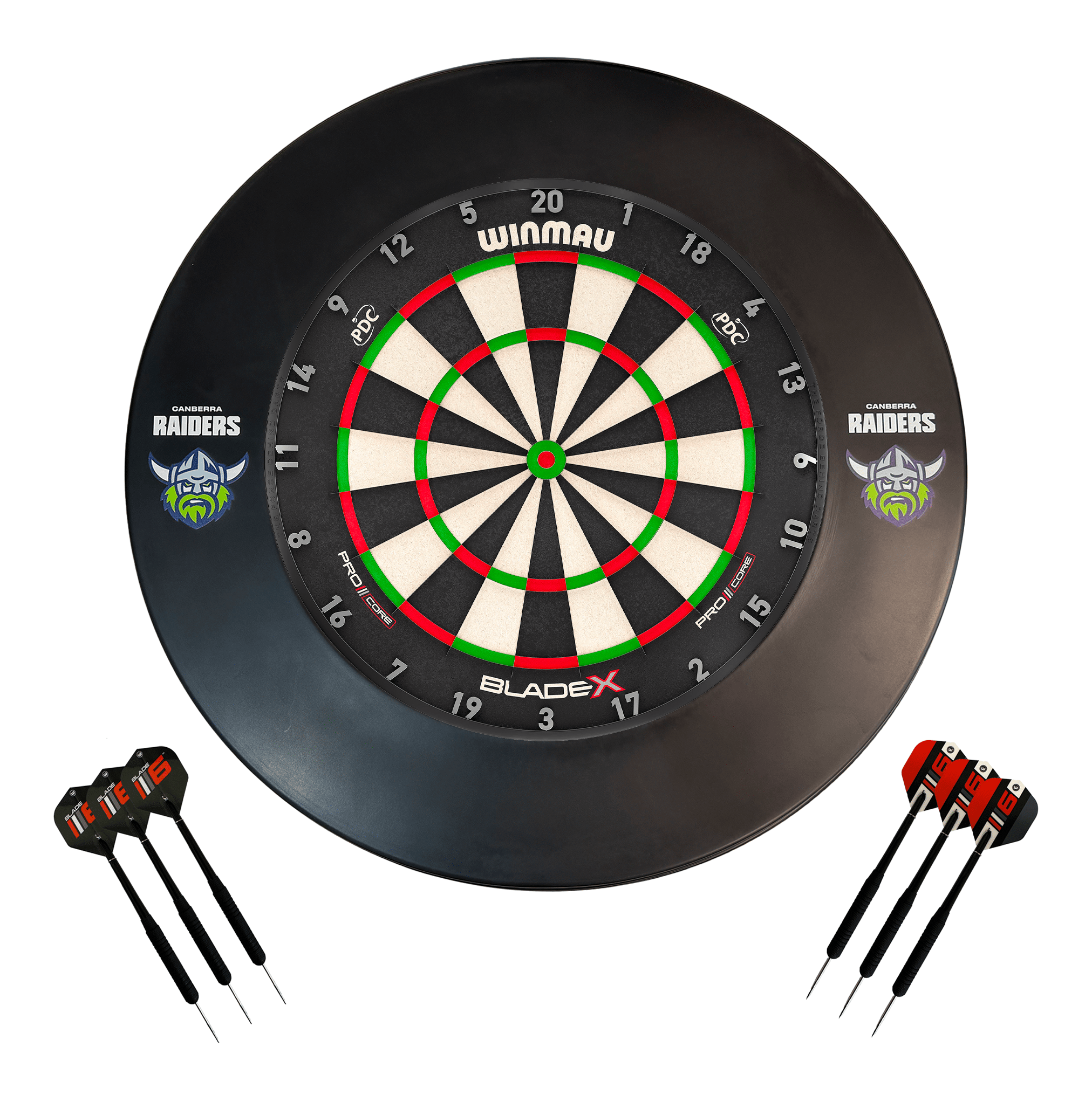 NRL Blade X Dartboard, Official NRL Surround & Darts - Complete Darts Set Blade X / Canberra Raiders Boards