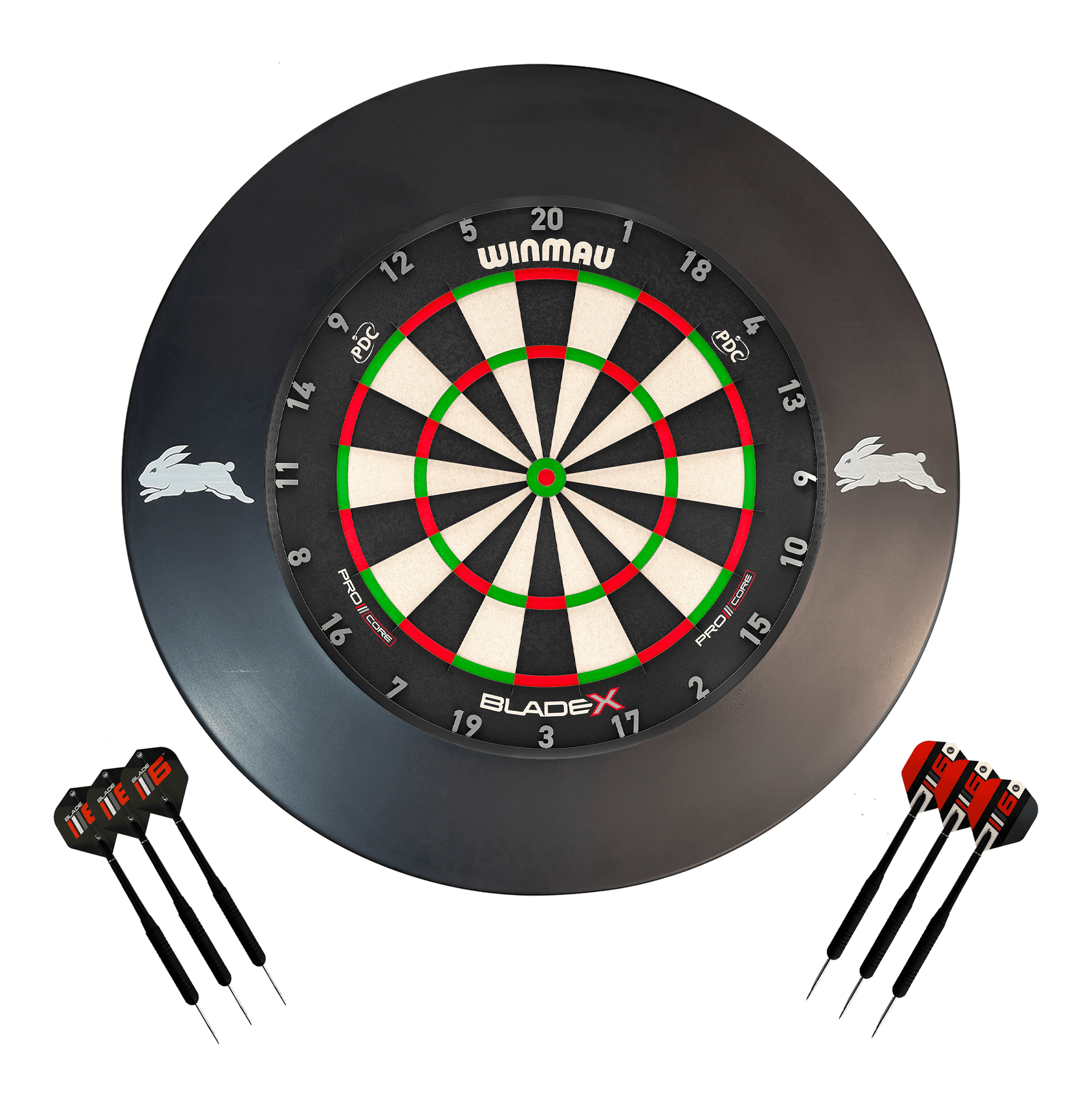 NRL Blade X Dartboard, Official NRL Surround & Darts - Complete Darts Set Blade X / South Sydney Rabbitohs Boards