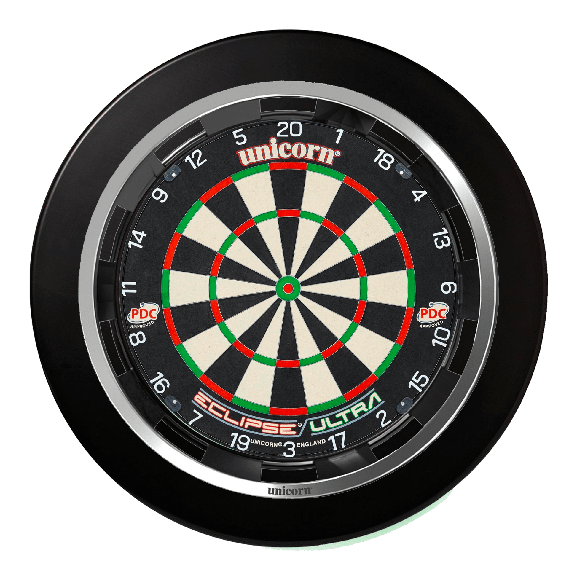 Unicorn Eclipse Ultra Dartboard, Surround & Solar Flare Light Bundle Ultra / Black / Solar Flare Boards