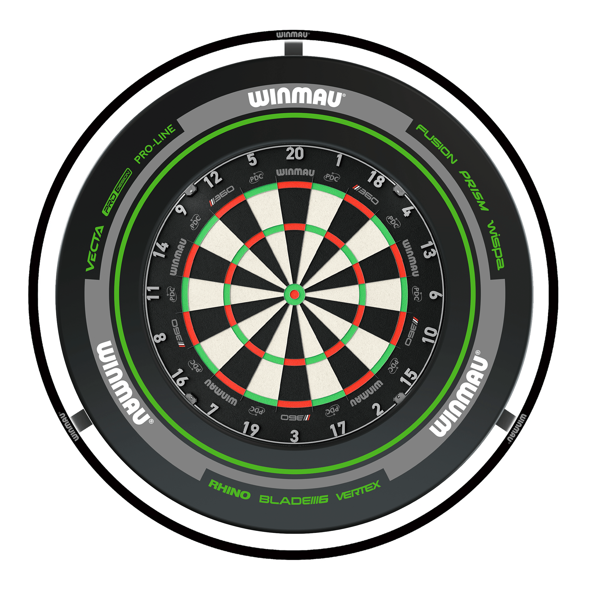 Winmau Blade 360 Dartboard, Surround & Black Plasma Light Bundle Blade 360 / Advance Black/Green / Winmau Plasma Black Boards