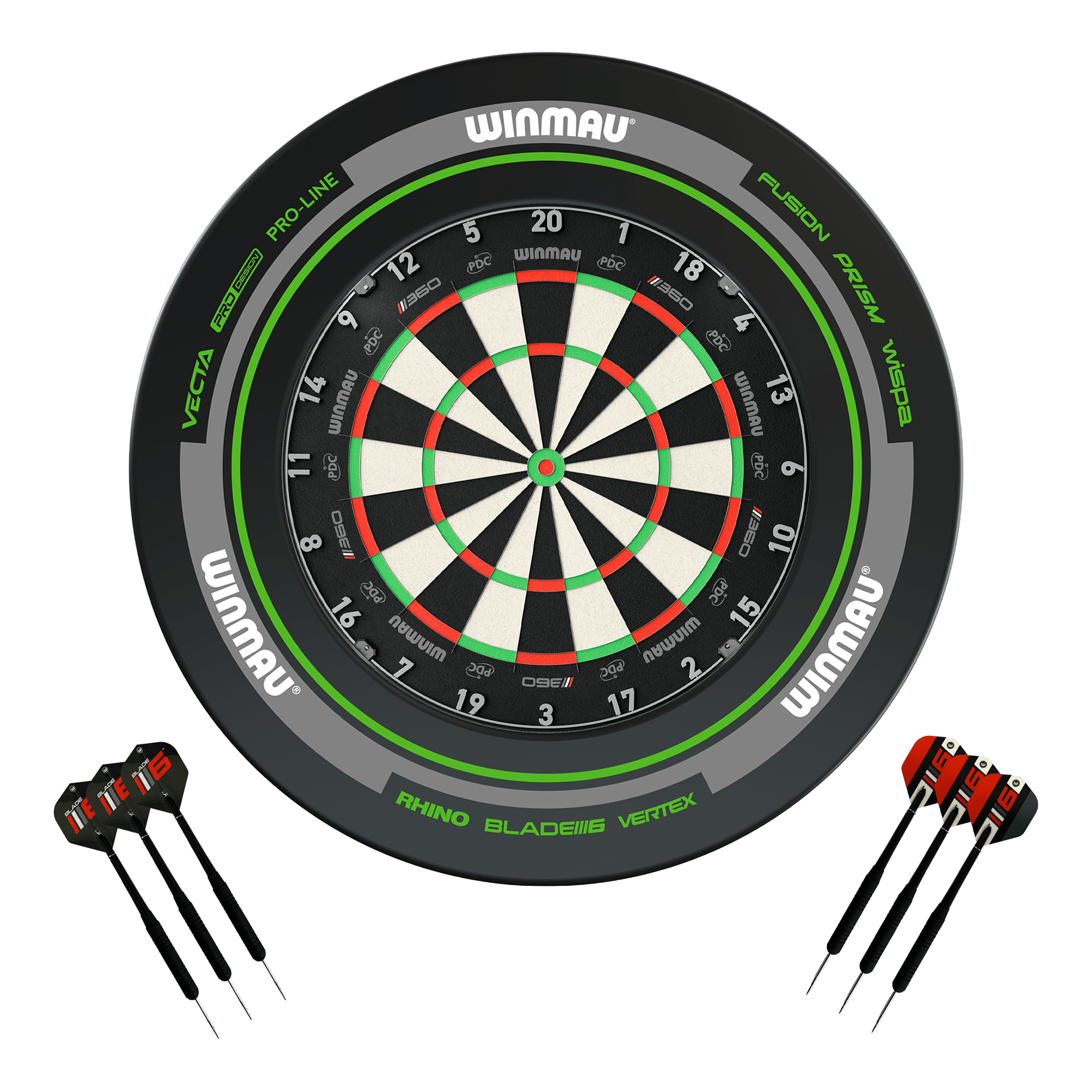 Winmau Blade 360 Dartboard, Surround & Darts - Complete Darts Set Blade 360 / Advance Black/Green Boards