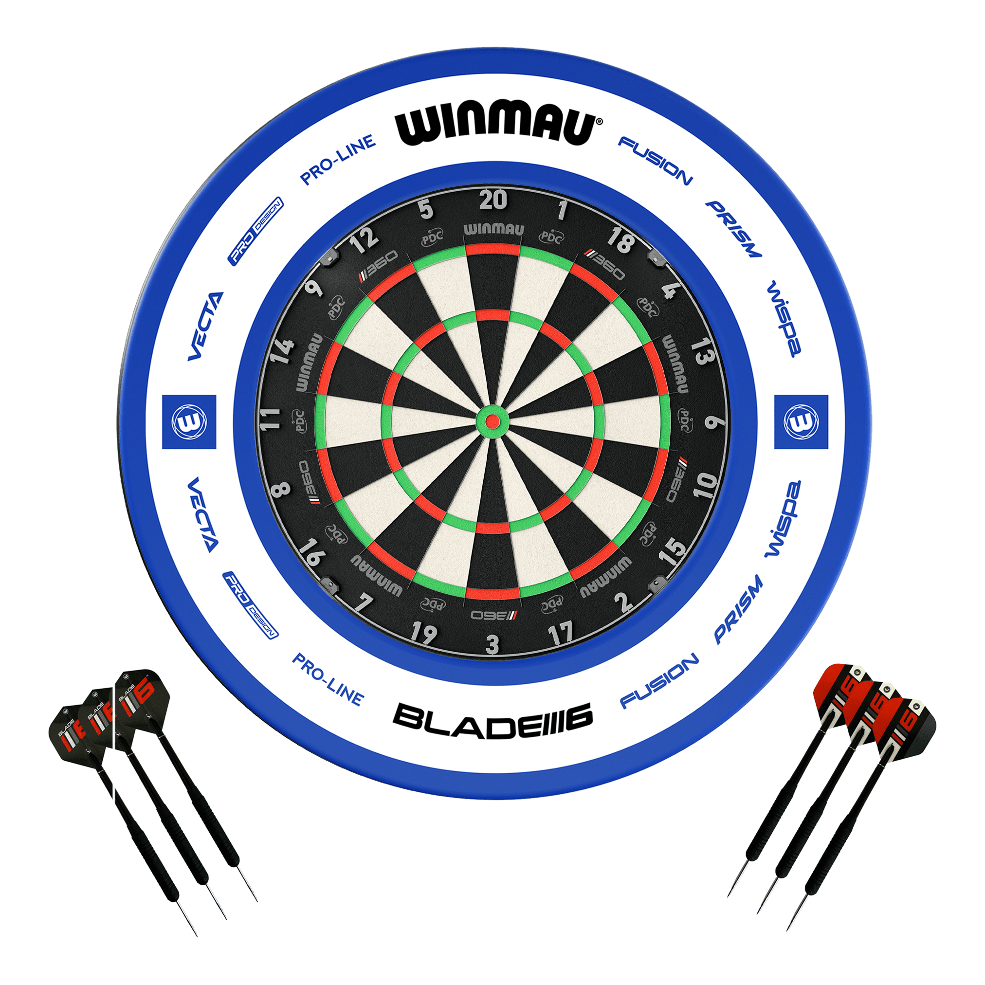 Winmau Blade 360 Dartboard, Surround & Darts - Complete Darts Set Blade 360 / Pro 2.0 Blue Boards