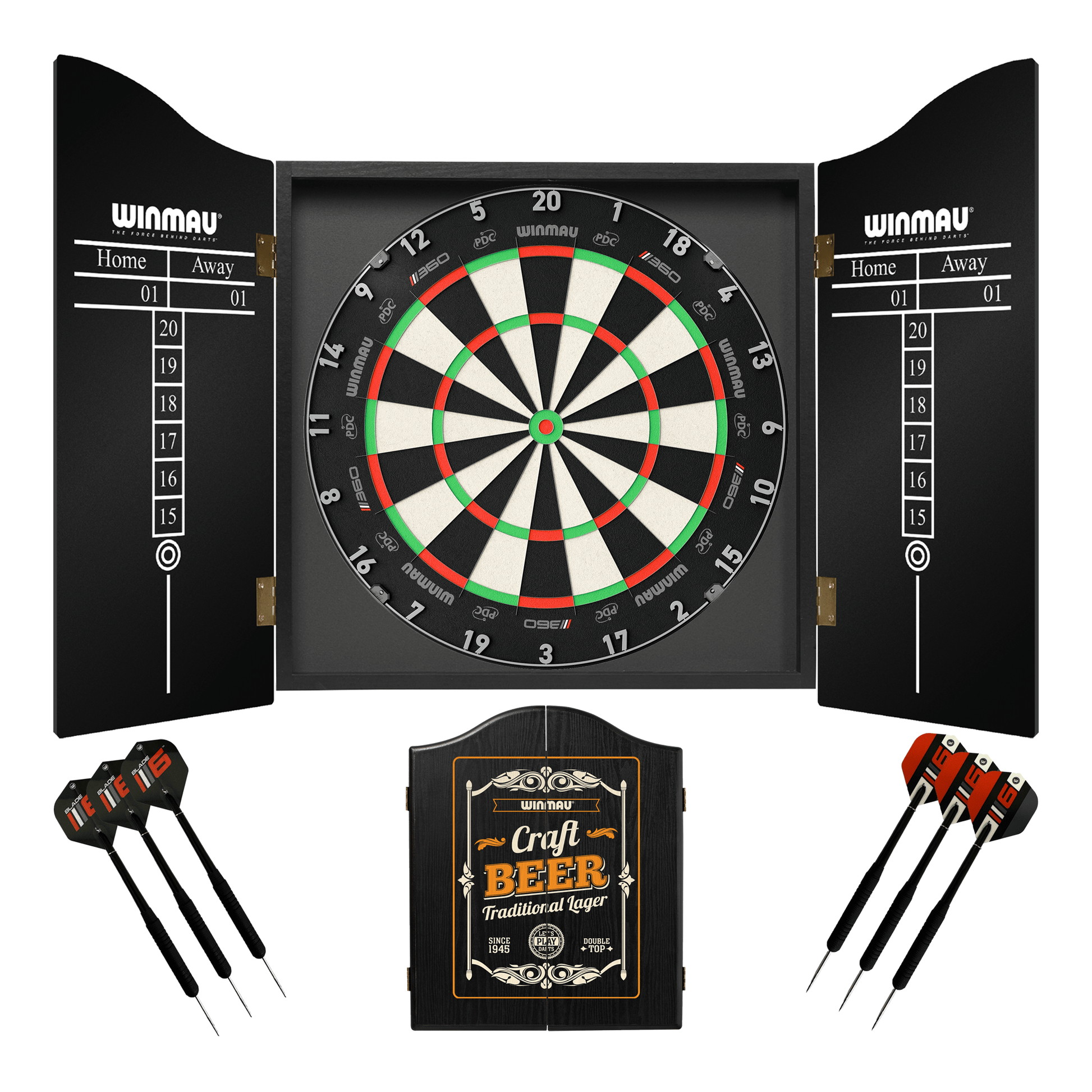 Winmau Blade 6 Dartboard, Cabinet & Darts - Complete Darts Set Blade 360 / Craft Beer Boards