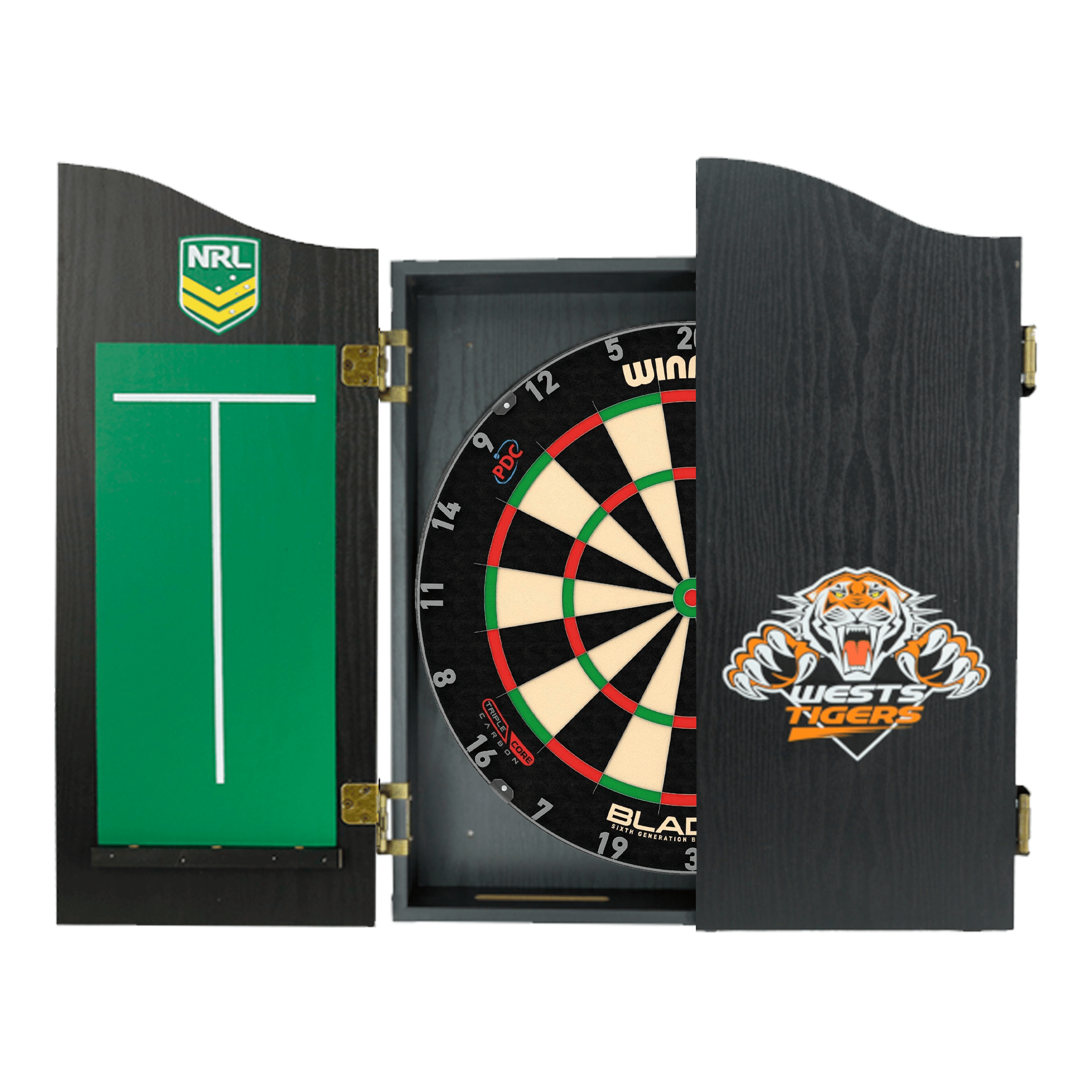 Winmau Blade 6 Dartboard, Official NRL Cabinet & Darts - Complete Darts Set Boards