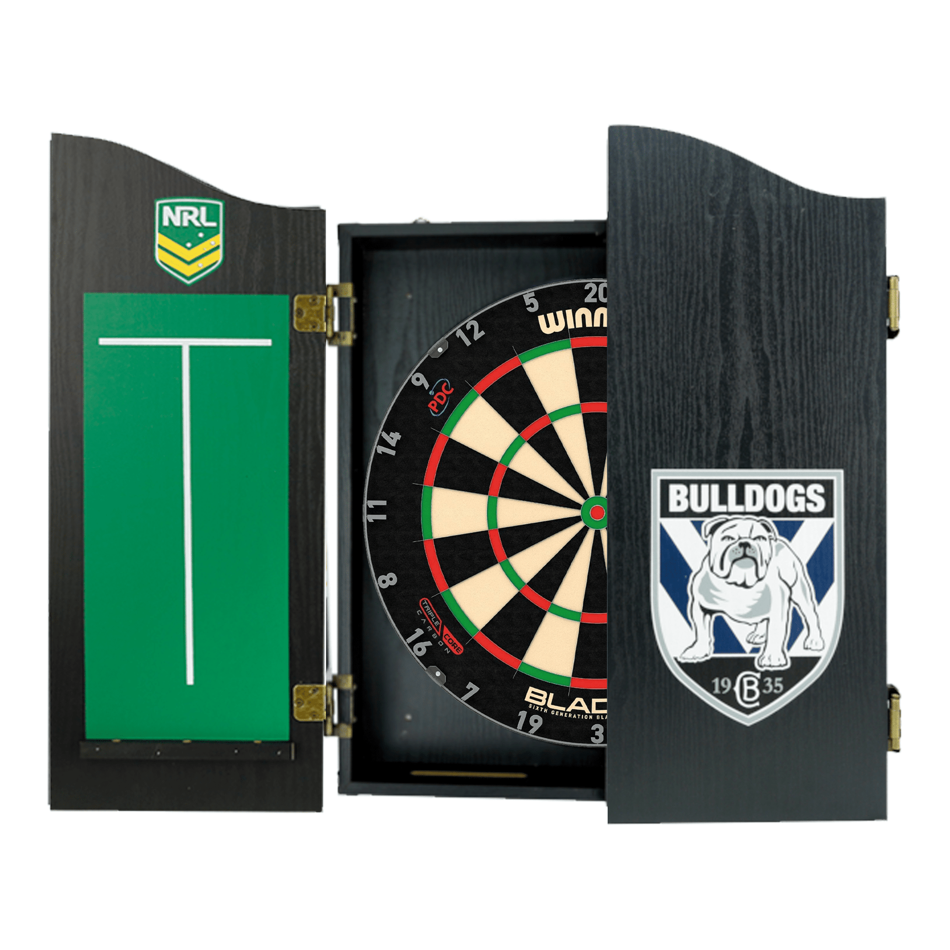 Winmau Blade 6 Dartboard, Official NRL Cabinet & Darts - Complete Darts Set Boards