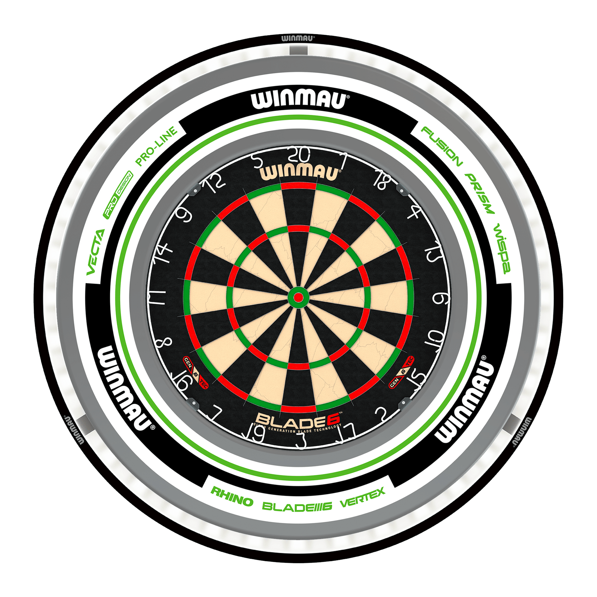 Winmau Blade 6 Dartboard, Surround & Black Plasma Light Bundle Blade 6 / Advance White/Green / Winmau Plasma Black Boards