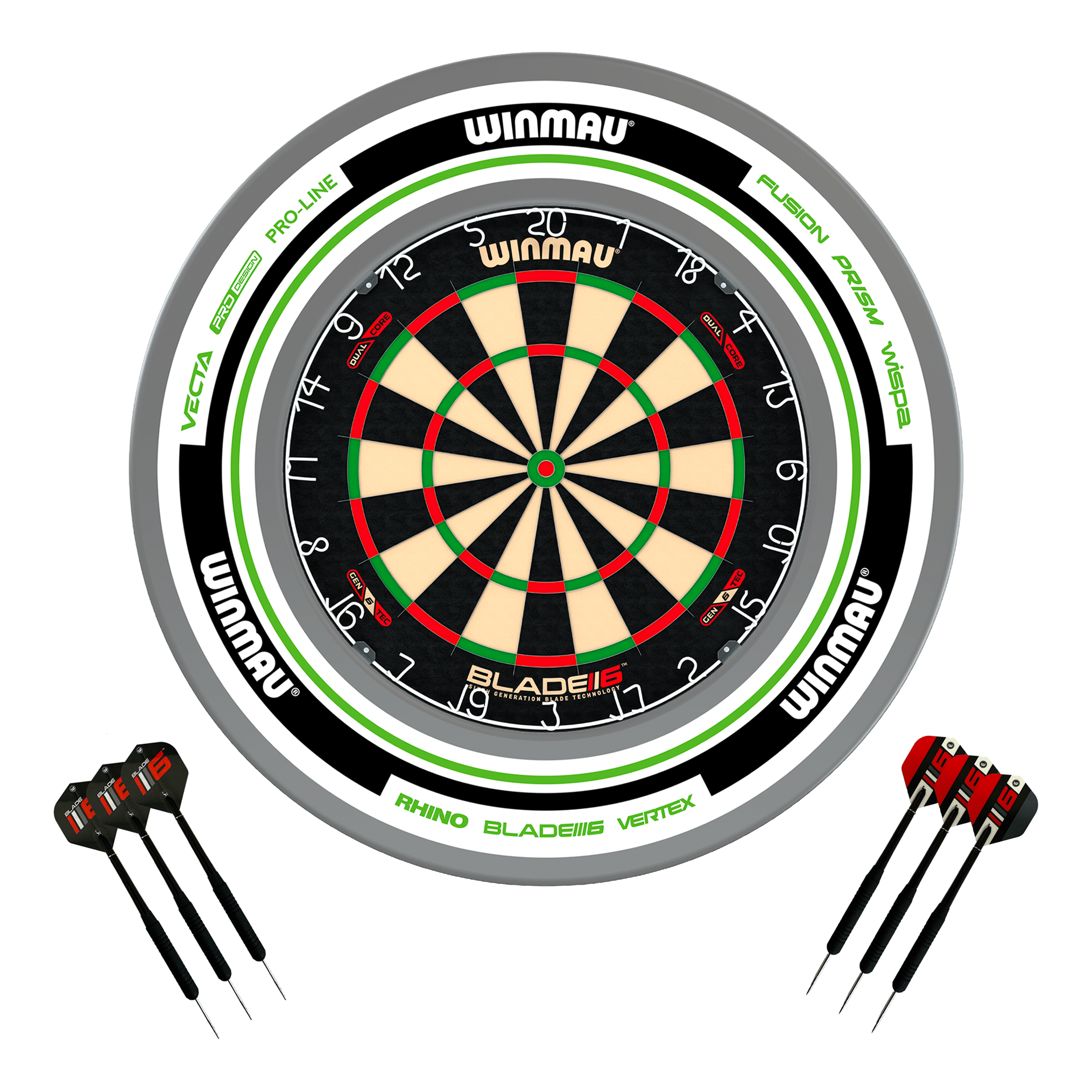 Winmau Blade 6 Dartboard, Surround & Darts - Complete Darts Set Blade 6 Dual Core / Advance White/Green Boards