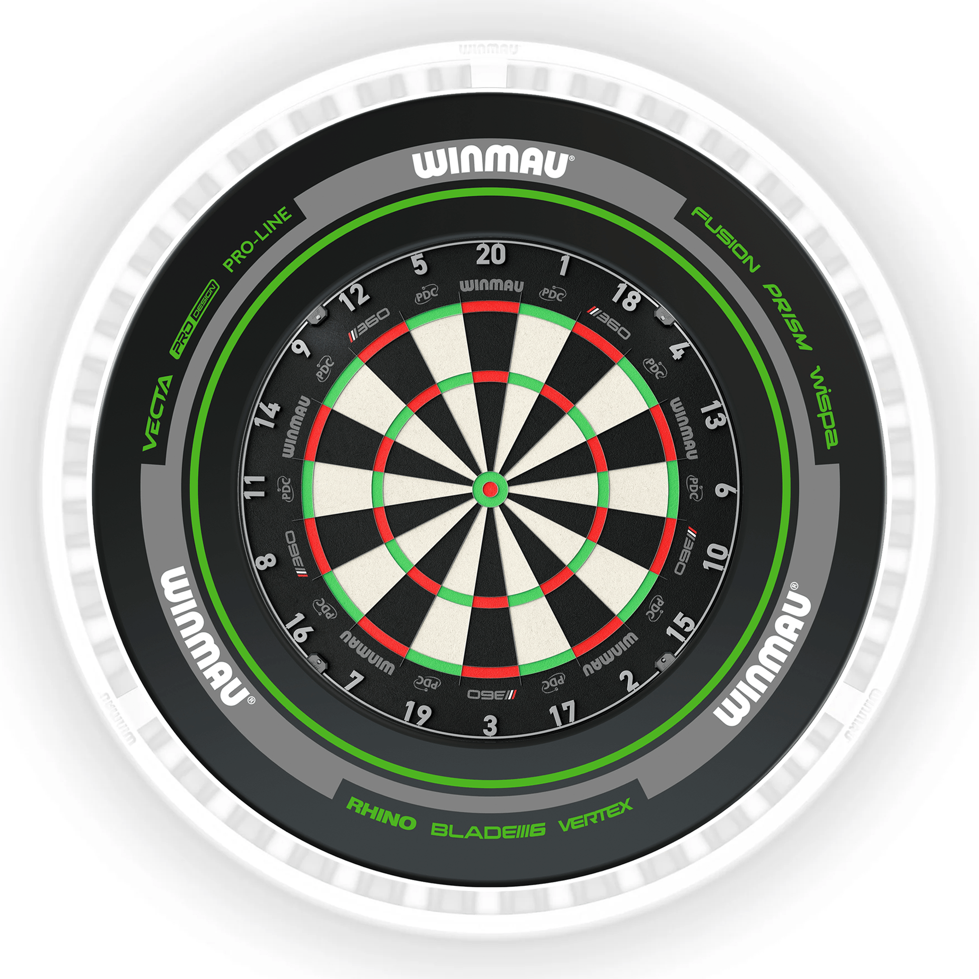 Winmau Blade 6 Dartboard, Surround & Ice White Plasma Light Bundle Blade 360 / Advance Black/Green / Winmau Plasma Ice White Boards