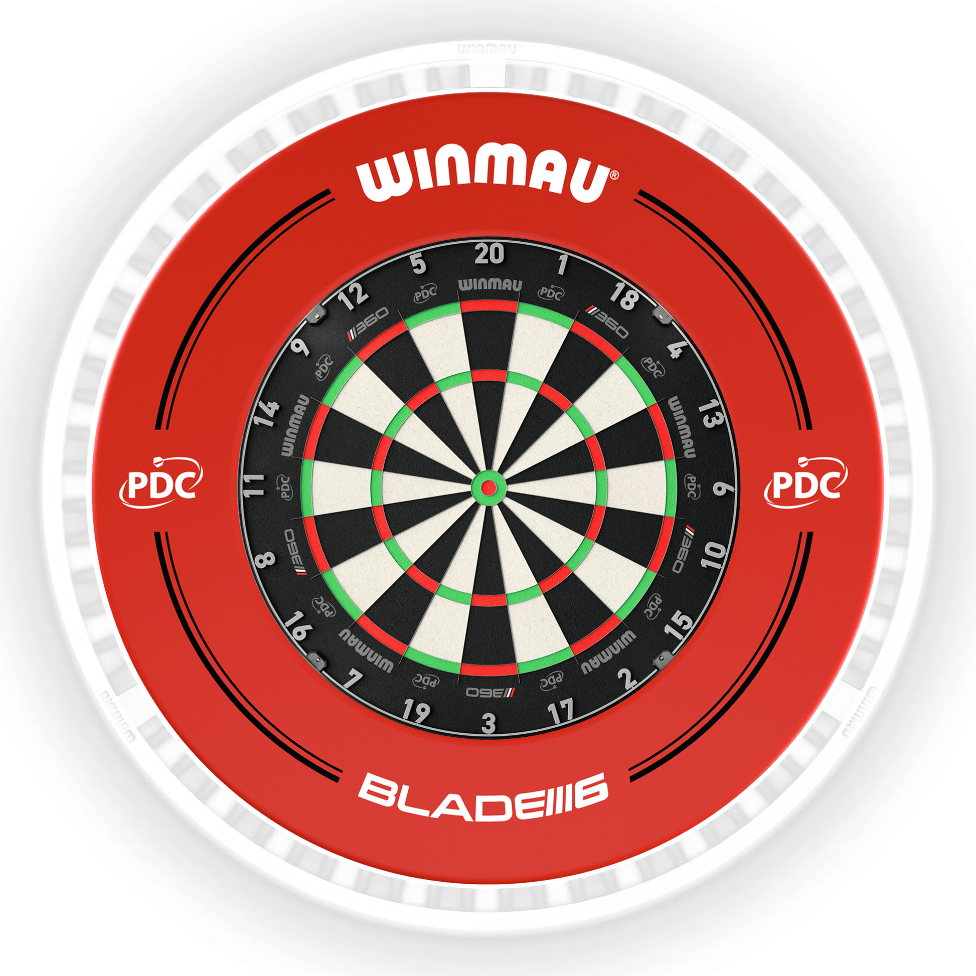 Winmau Blade 6 Dartboard, Surround & Ice White Plasma Light Bundle Blade 360 / PDC Red / Winmau Plasma Ice White Boards