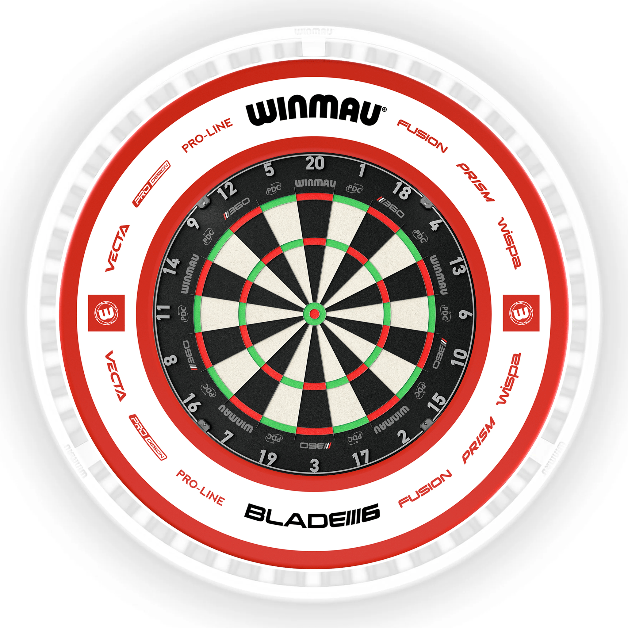 Winmau Blade 6 Dartboard, Surround & Ice White Plasma Light Bundle Blade 360 / Pro 2.0 Red / Winmau Plasma Ice White Boards