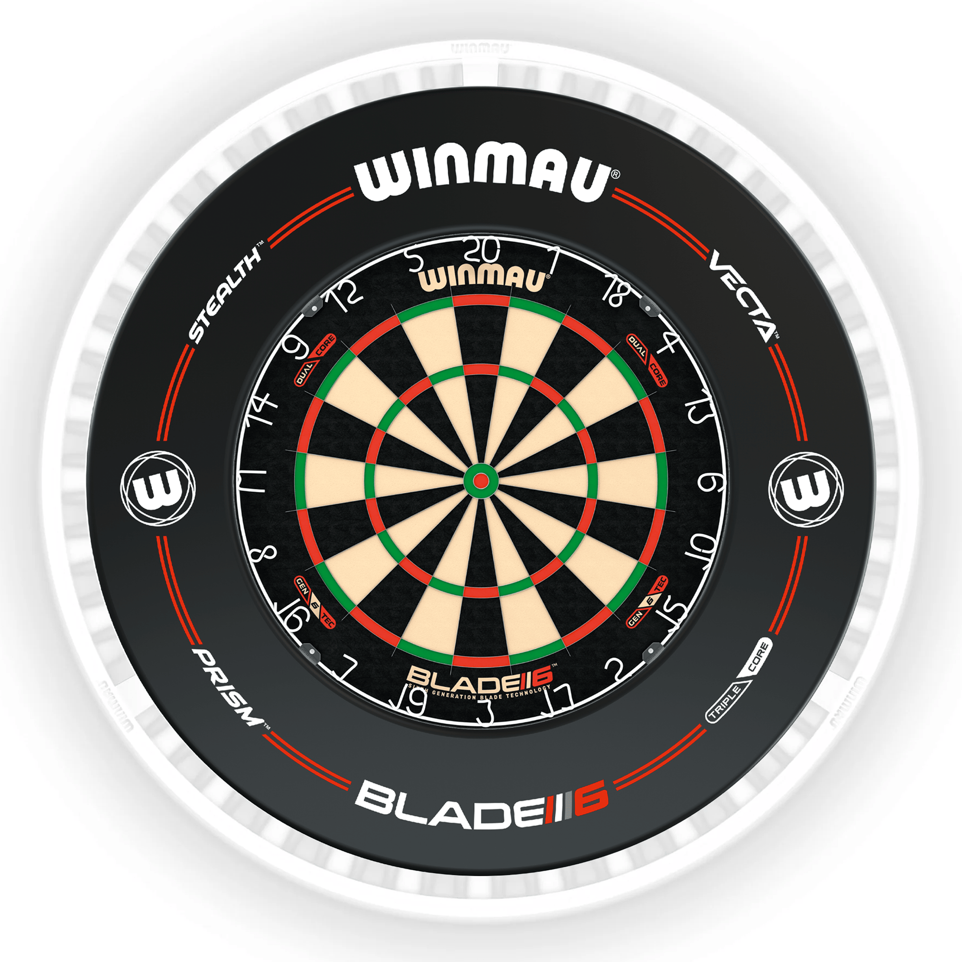 Winmau Blade 6 Dartboard, Surround & Ice White Plasma Light Bundle Blade 6 Dual Core / Pro-Line Black / Winmau Plasma Ice White Boards