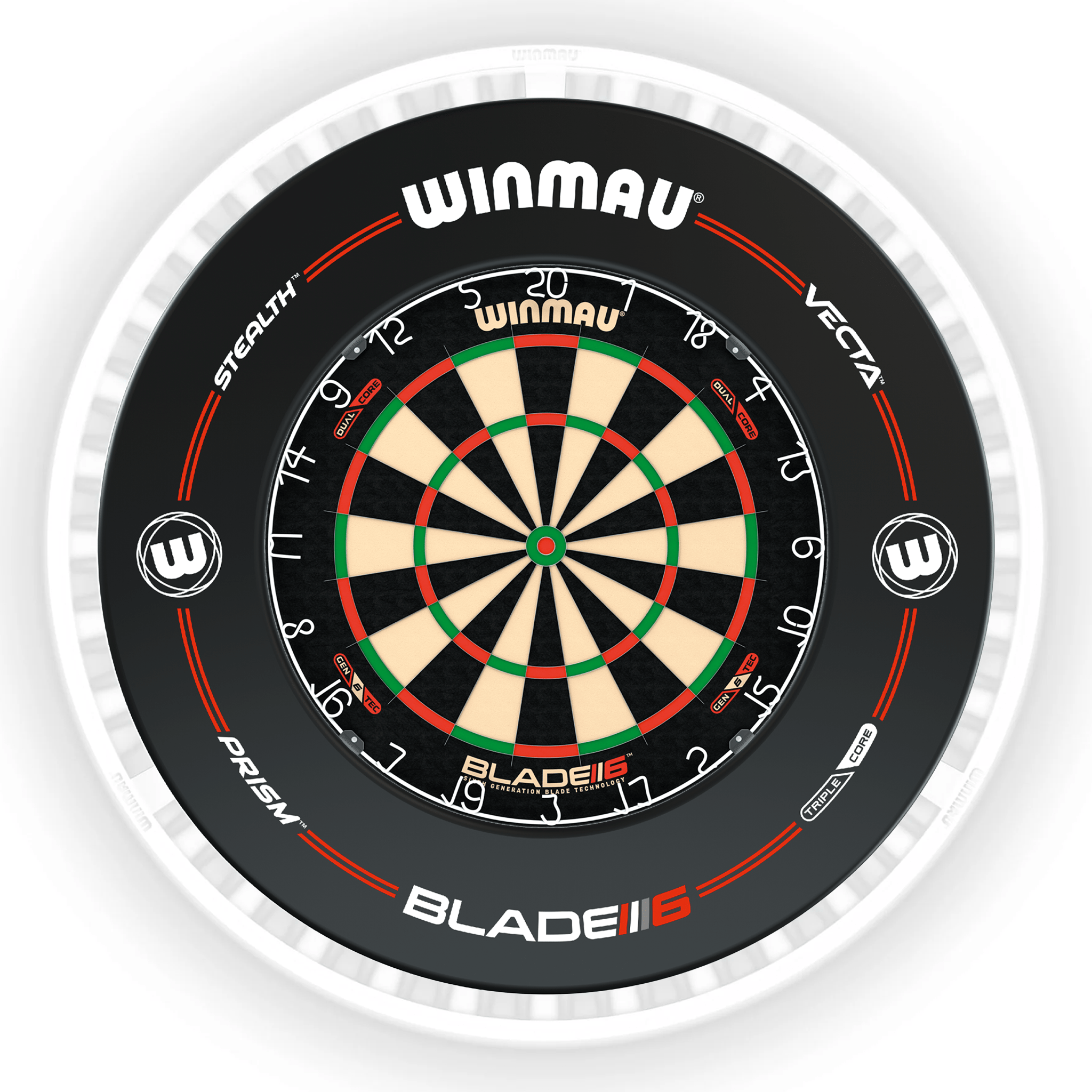 Winmau Blade 6 Dartboard, Surround & Ice White Plasma Light Bundle Blade 6 Dual Core / Pro-Line Black / Winmau Plasma Ice White Boards