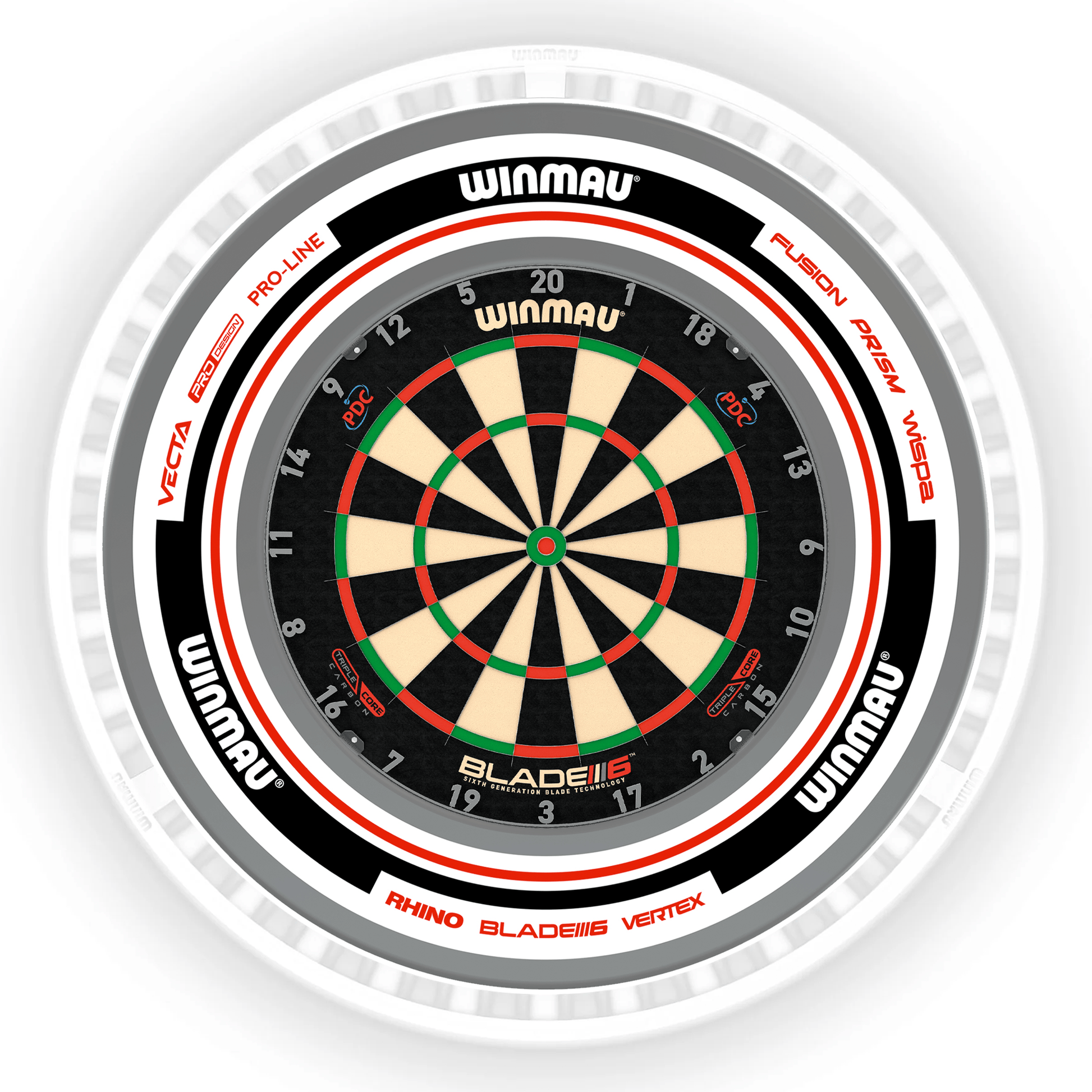 Winmau Blade 6 Dartboard, Surround & Ice White Plasma Light Bundle Blade 6 Triple Core / Advance White/Red / Winmau Plasma Ice White Boards