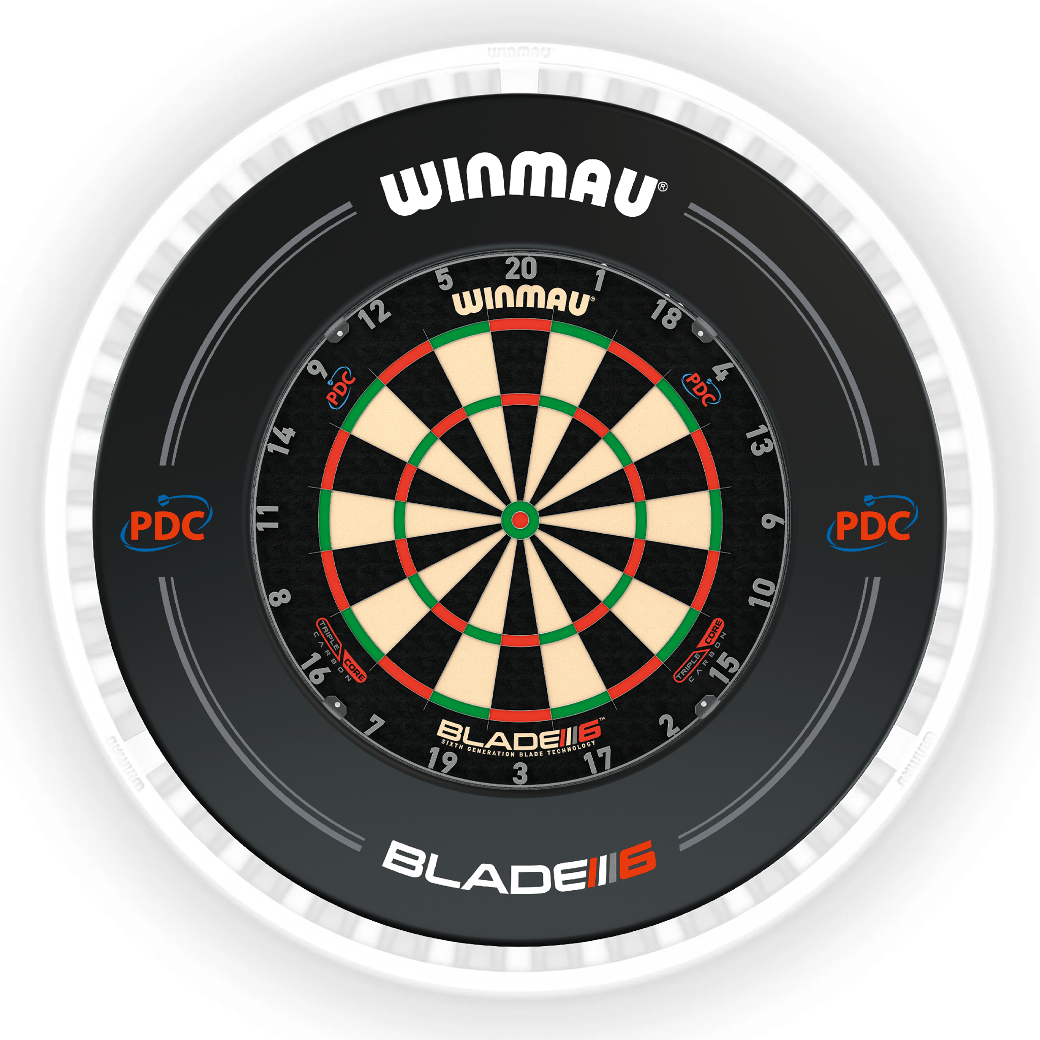 Winmau Blade 6 Dartboard, Surround & Ice White Plasma Light Bundle Blade 6 Triple Core / PDC Black / Winmau Plasma Ice White Boards