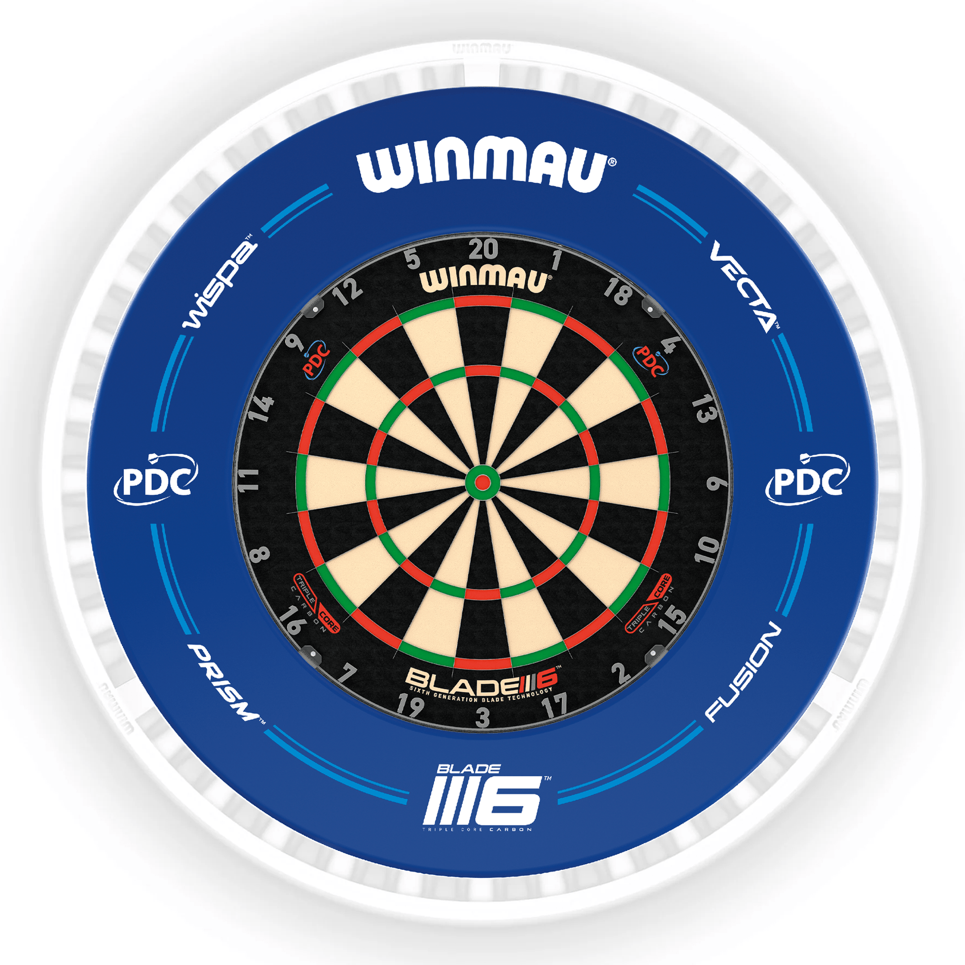 Winmau Blade 6 Dartboard, Surround & Ice White Plasma Light Bundle Blade 6 Triple Core / PDC Blue / Winmau Plasma Ice White Boards