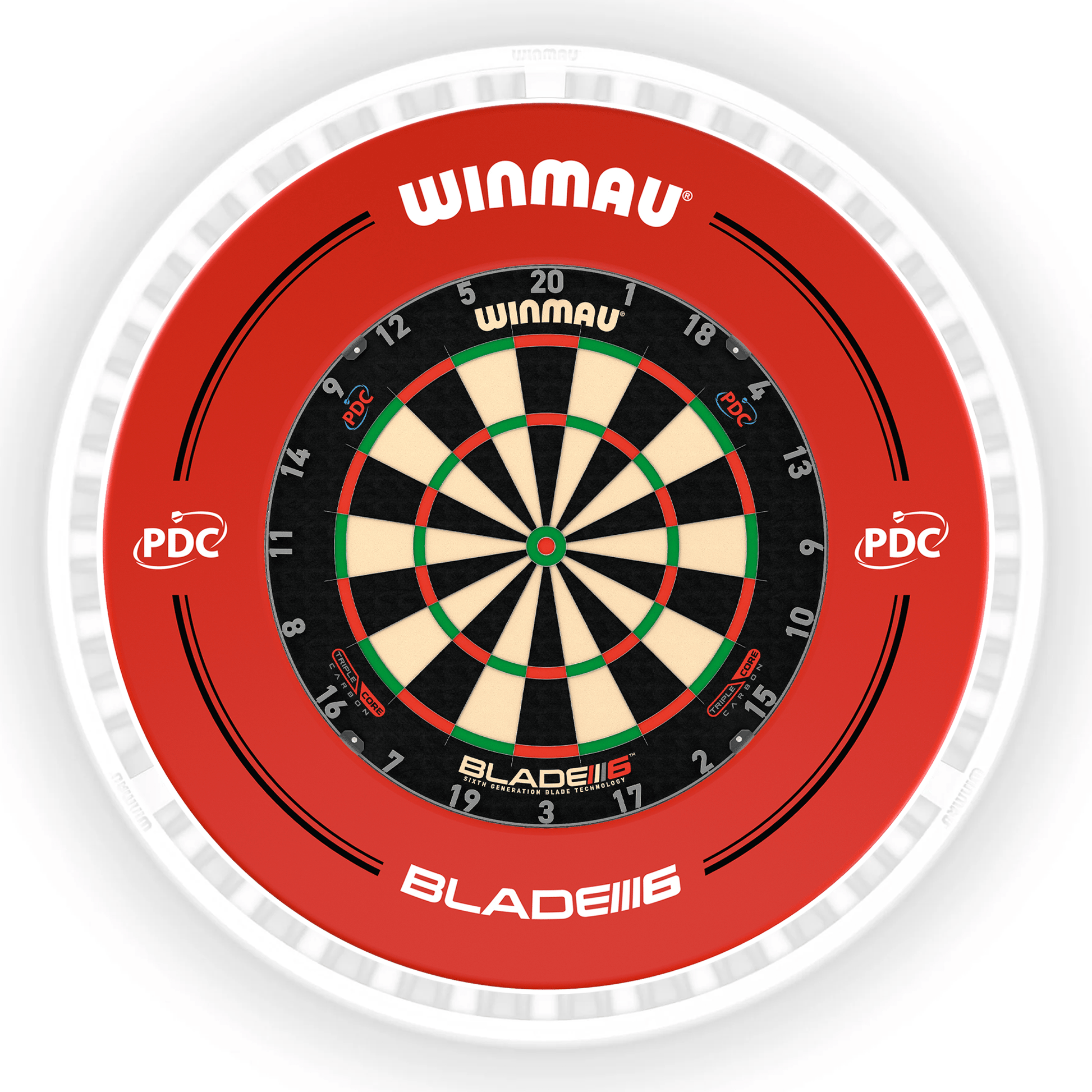 Winmau Blade 6 Dartboard, Surround & Ice White Plasma Light Bundle Blade 6 Triple Core / PDC Red / Winmau Plasma Ice White Boards