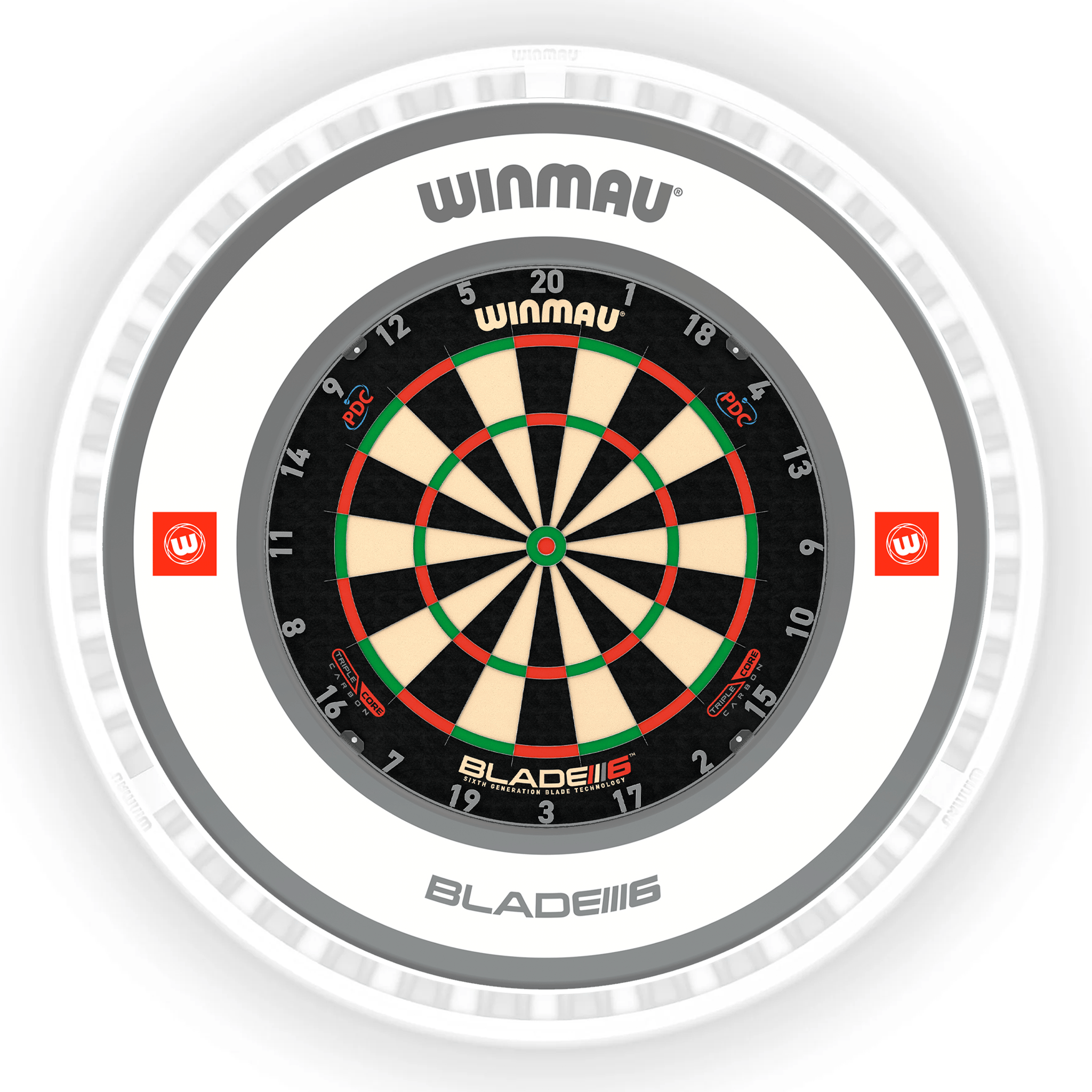 Winmau Blade 6 Dartboard, Surround & Ice White Plasma Light Bundle Blade 6 Triple Core / Pro 1.0 White / Winmau Plasma Ice White Boards