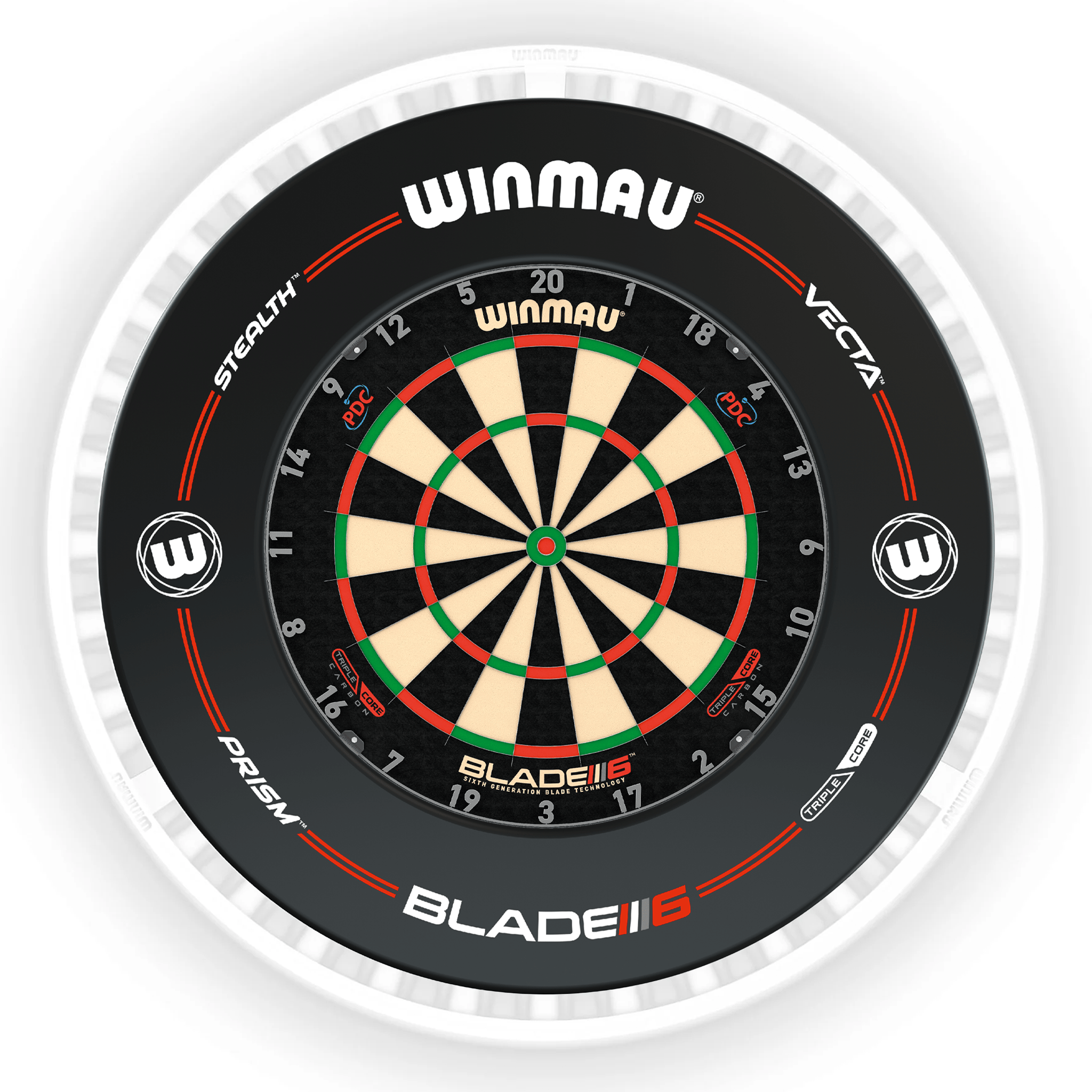Winmau Blade 6 Dartboard, Surround & Ice White Plasma Light Bundle Blade 6 Triple Core / Pro-Line Black / Winmau Plasma Ice White Boards