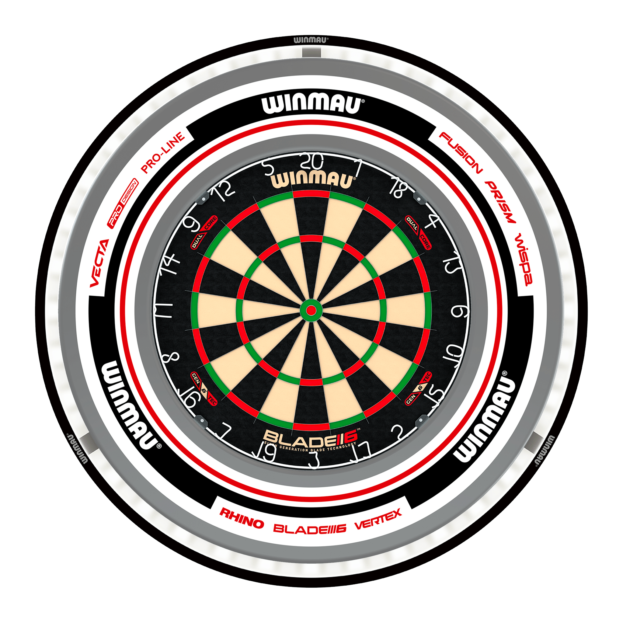 Winmau Blade 6 Dual Core Dartboard, Surround & Black Plasma Light Bundle Blade 6 Dual Core / Advance White/Red / Winmau Plasma Black Boards