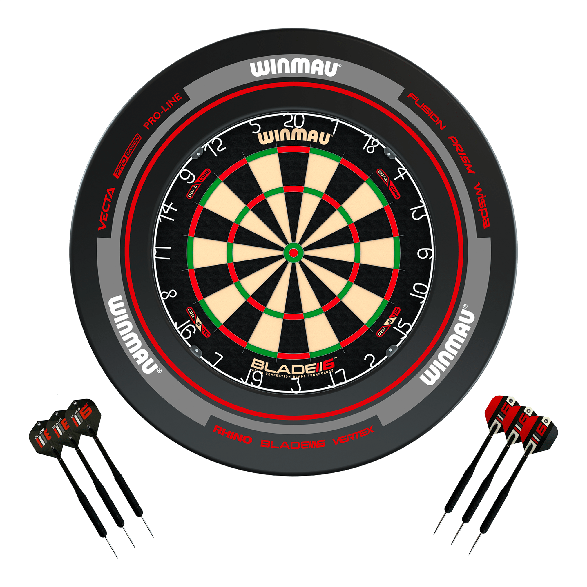 Winmau Blade 6 Dual Core Dartboard, Surround & Darts - Complete Darts Set Blade 6 Dual Core / Advance Black/Red Boards