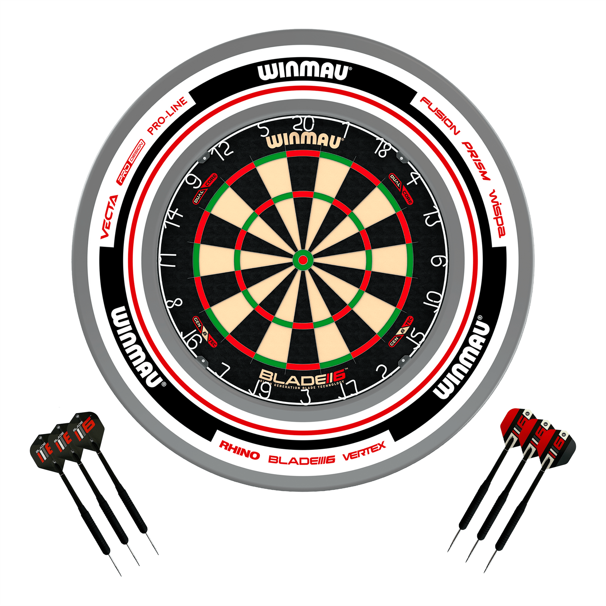 Winmau Blade 6 Dual Core Dartboard, Surround & Darts - Complete Darts Set Blade 6 Dual Core / Advance White/Red Boards