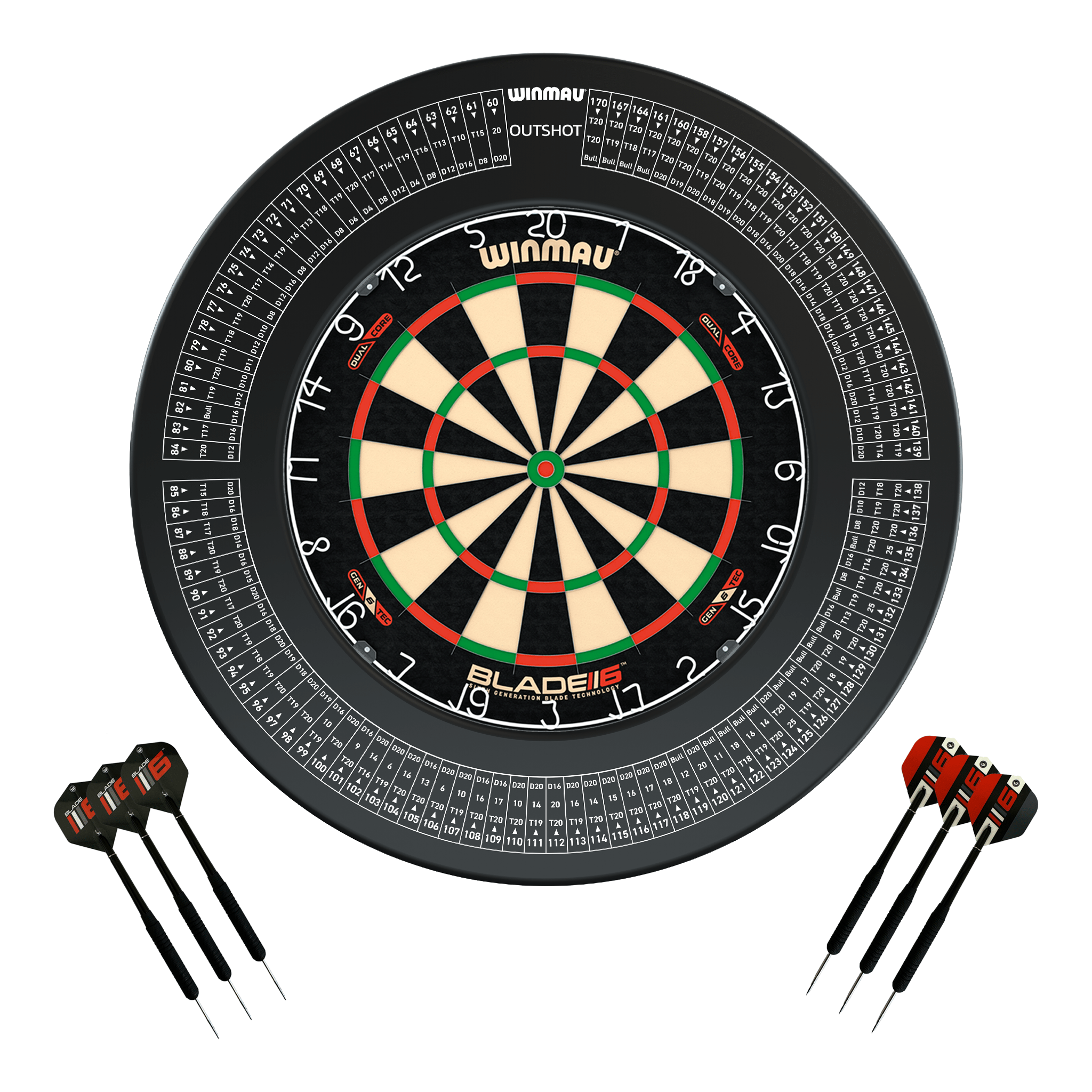 Winmau Blade 6 Dual Core Dartboard, Surround & Darts - Complete Darts Set Blade 6 Dual Core / Out Shot Boards