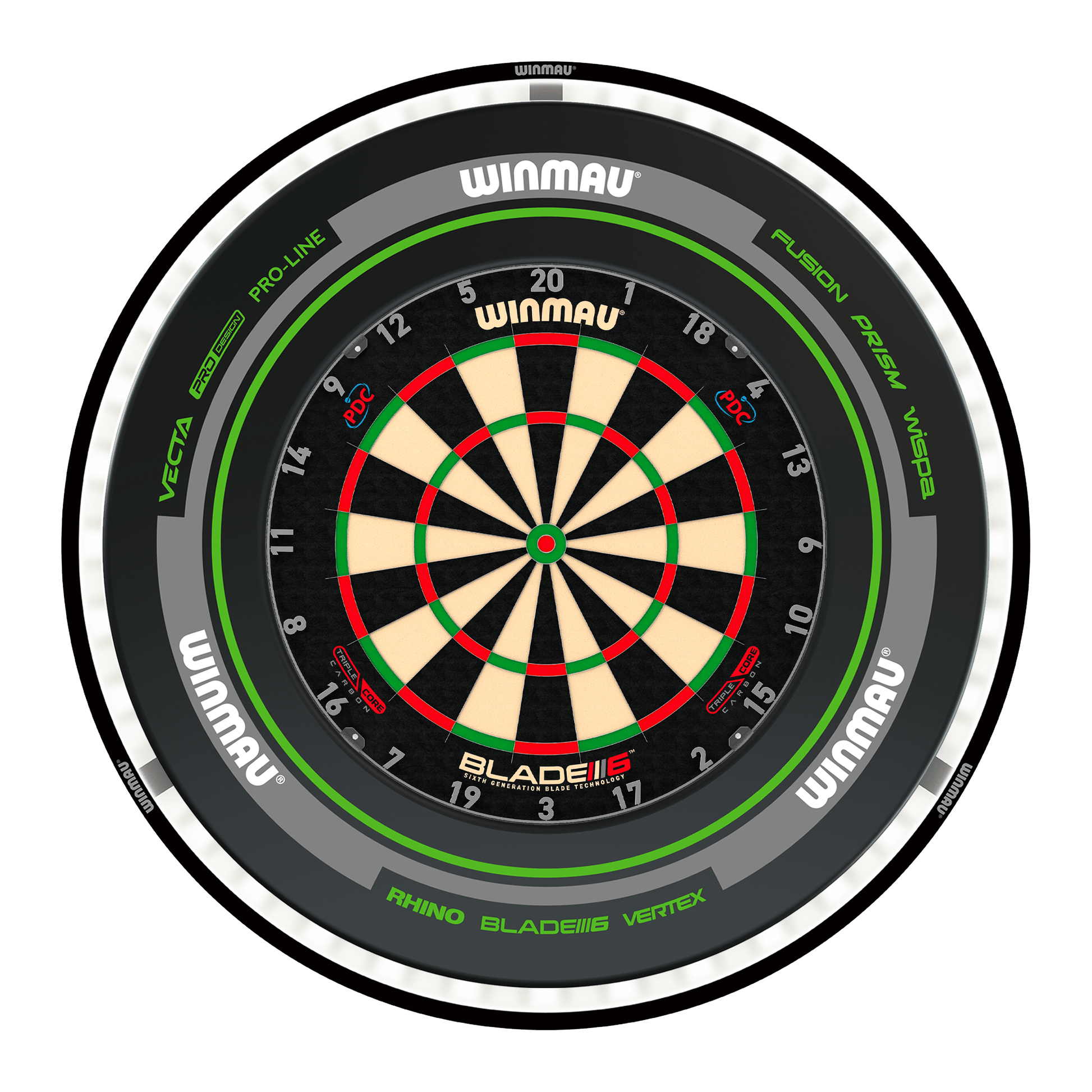 Winmau Blade 6 Triple Core Dartboard, Surround & Black Plasma Light Bundle Blade 6 Triple Core / Advance Black/Green / Winmau Plasma Black Boards