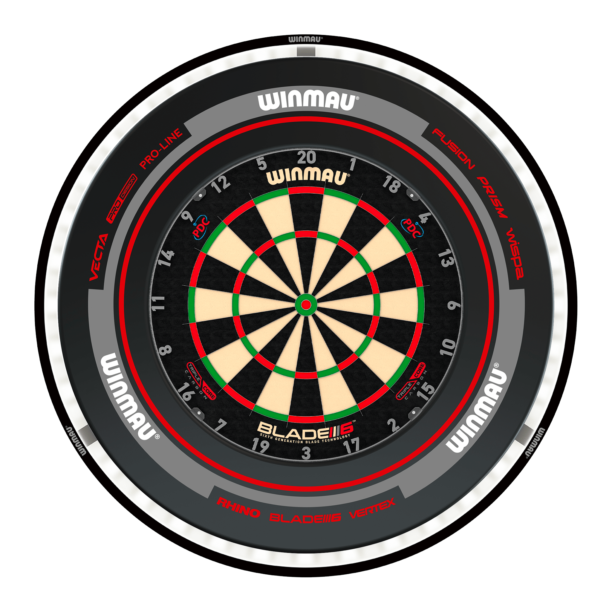 Winmau Blade 6 Triple Core Dartboard, Surround & Black Plasma Light Bundle Blade 6 Triple Core / Advance Black/Red / Winmau Plasma Black Boards