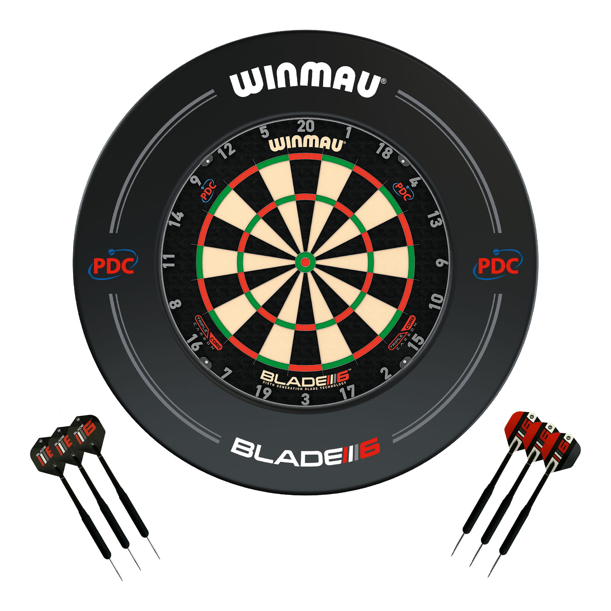 Winmau Blade 6 Triple Core Dartboard, Surround & Darts - Complete Darts Set Blade 6 Triple Core / PDC Black Boards