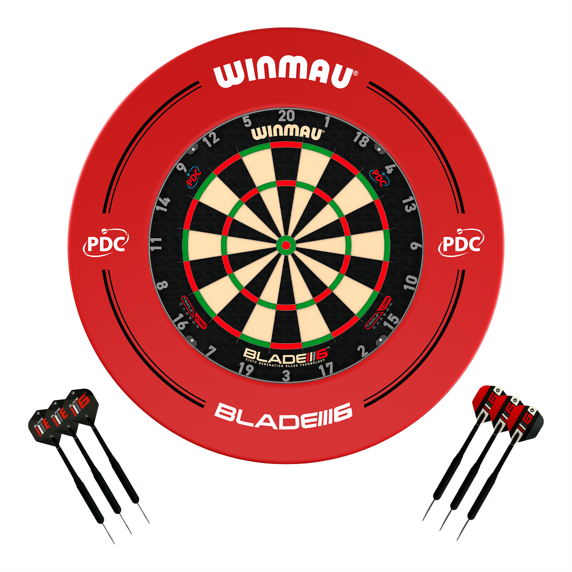 Winmau Blade 6 Triple Core Dartboard, Surround & Darts - Complete Darts Set Blade 6 Triple Core / PDC Red Boards
