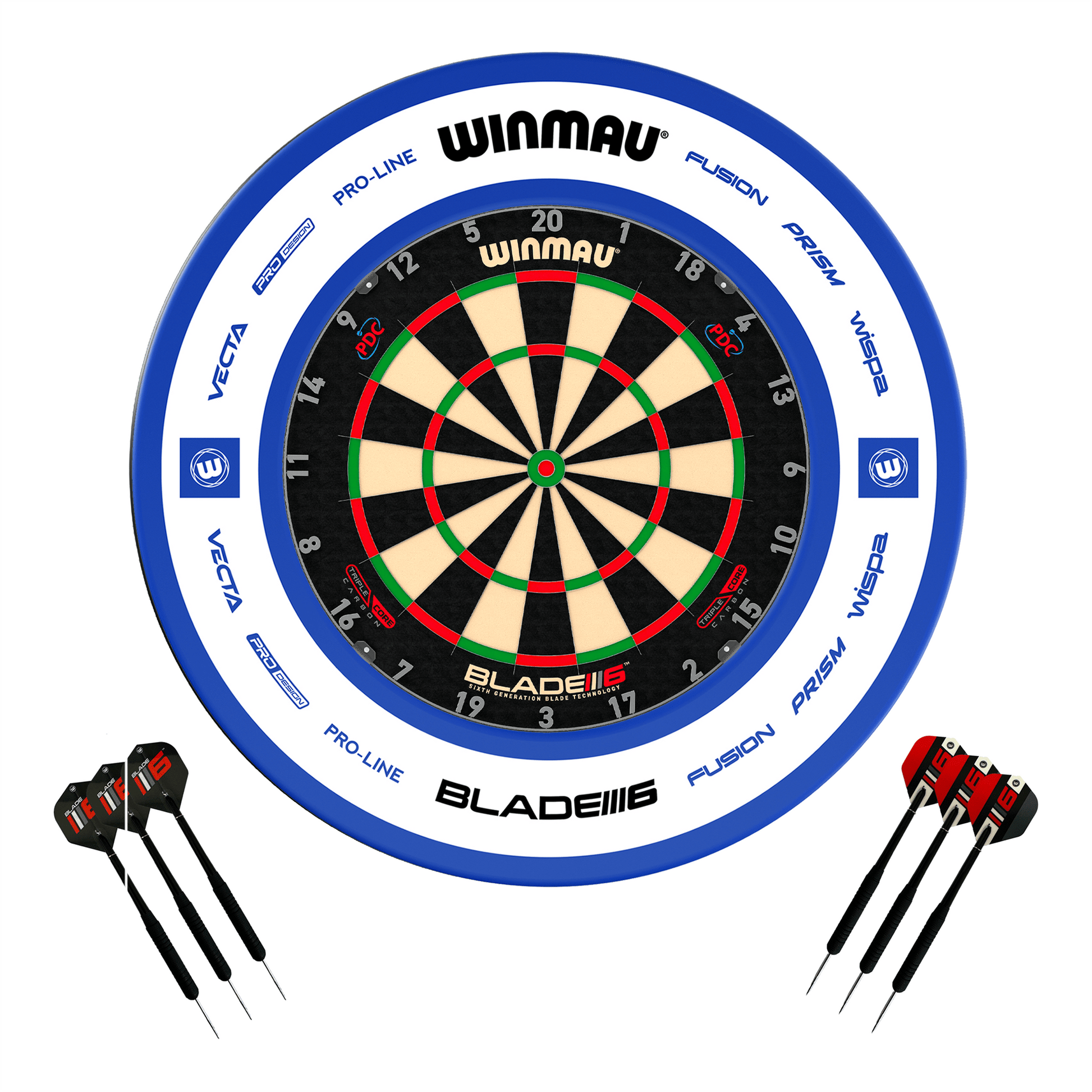 Winmau Blade 6 Triple Core Dartboard, Surround & Darts - Complete Darts Set Blade 6 Triple Core / Pro 2.0 Blue Boards