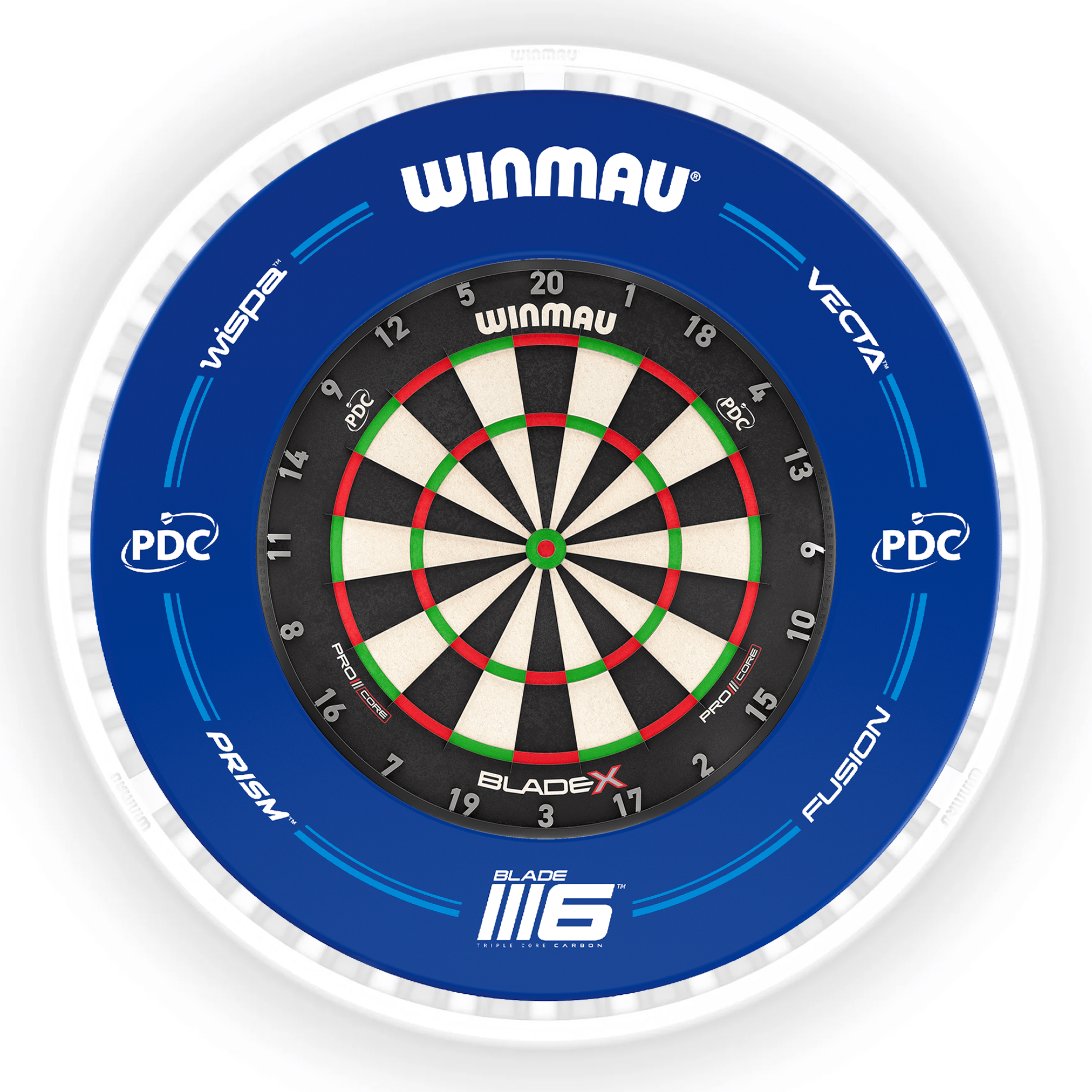 Winmau Blade X Dartboard, Surround & Ice White Plasma Light Bundle BladeX / PDC Blue / Winmau Plasma Ice White Boards