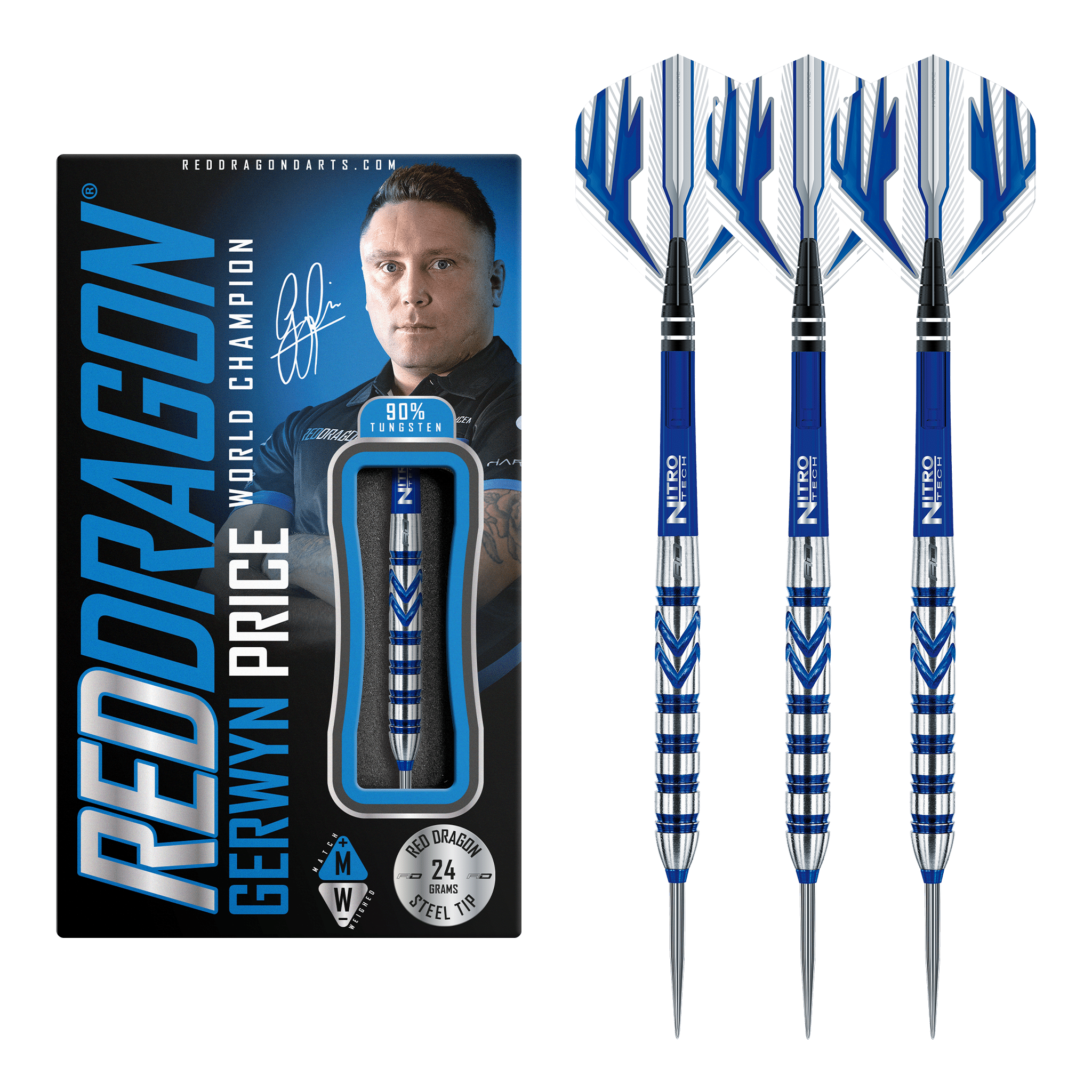 Red Dragon Gerwyn Price Blue Originals Steel Tip Darts - 90% Tungsten - 24 Grams Darts
